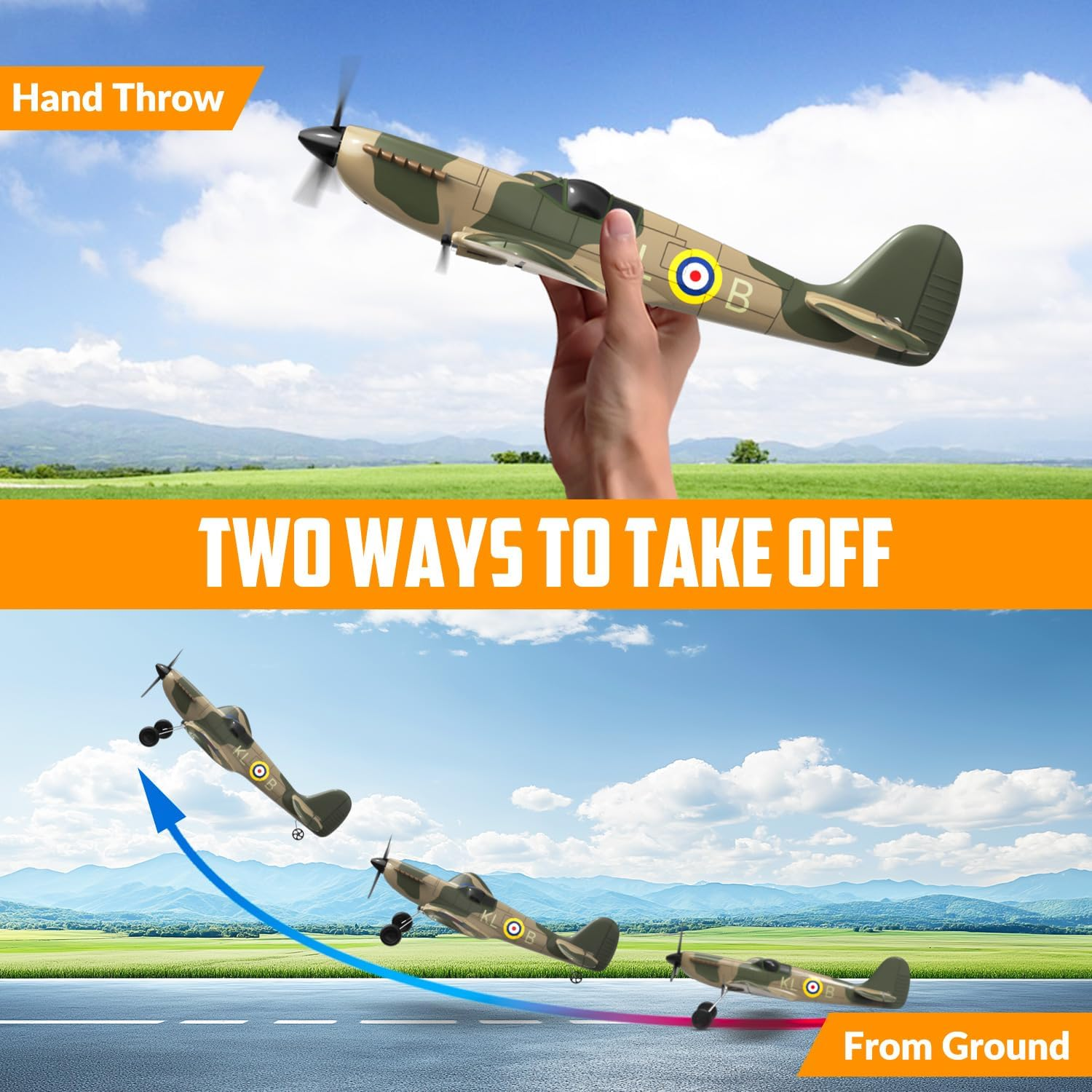 HAWK'S WORK 3 Channel RC Plane Spitfire Fighter, Remote Control Warbird Ready to Fly, 2.4Ghz 6-Axis Gyro Stabilizer, Easy to Fly for Kids & Beginners image number 5