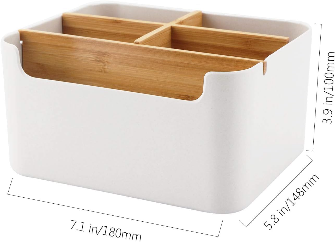 Miners2000 Desk Storage Box, Divided Bamboo Desktop Organizer, Detachable Pen Holder, Pencil Holder, Remote Control Holder, Cell Phone Box, Modern Desk Side Organizer for Office Home Accessories
