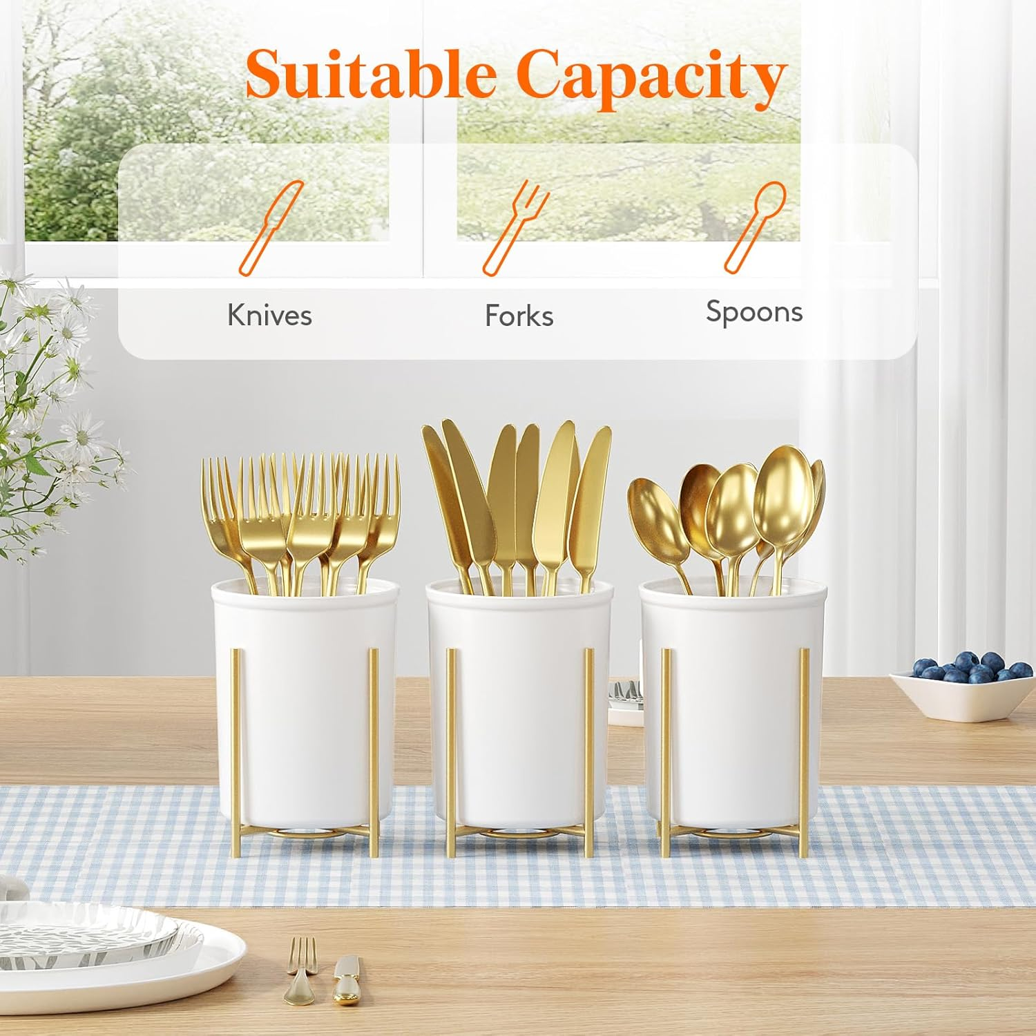 Lifewit Silverware Holder for Kitchen Countertop, Cutlery Flatware Caddy with Bracket, Plastic Utensil Spoon Fork Knives Organizer for Party Picnic, Gold, 2 Pack image number 1