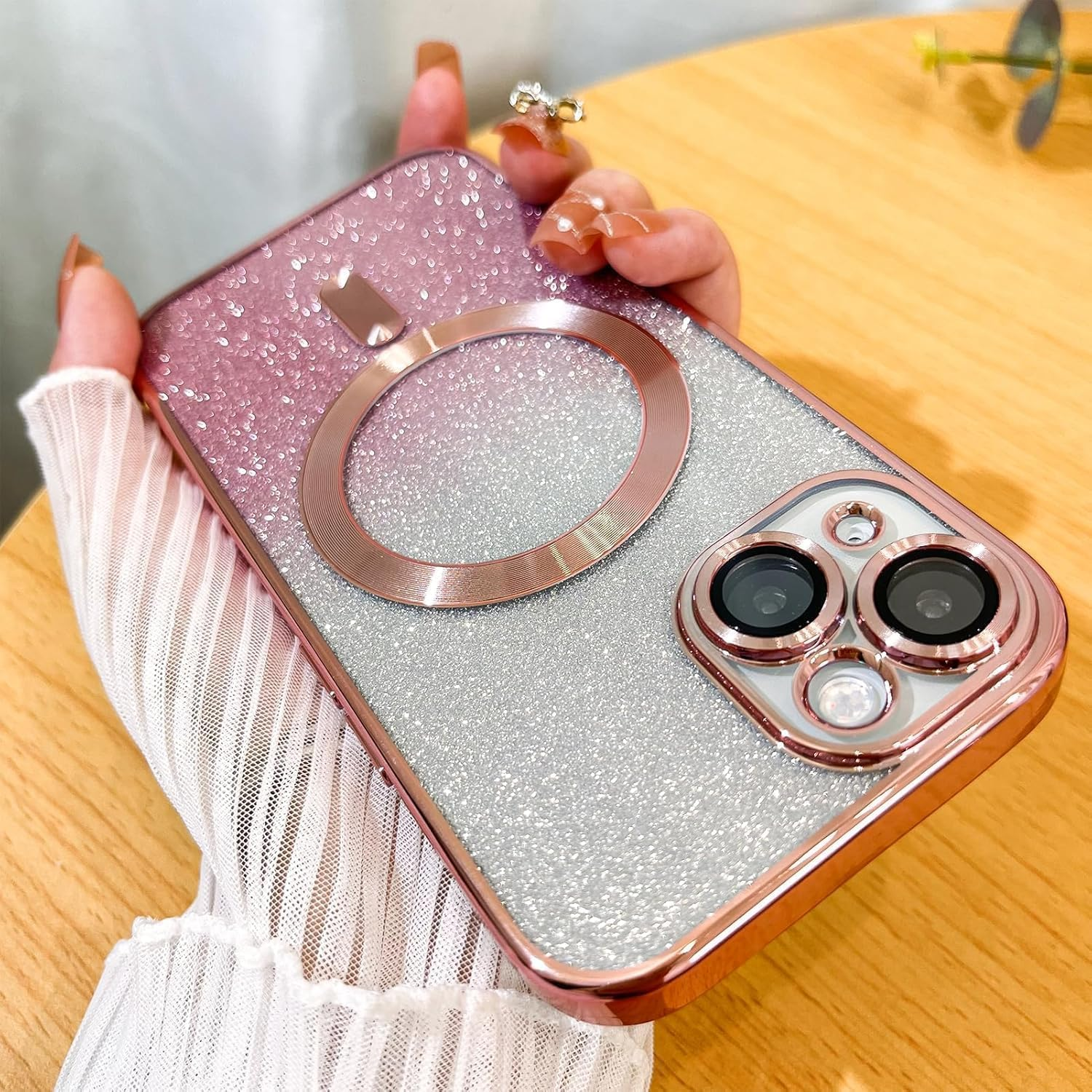 For Iphone 16E Case Clear Magnetic Glitter Phone Cases [Compatible with Magsafe] Protector Slim Sparkle Luxury Plating Shockproof Protective Cover Women (Pink, Iphone 16E) image number 5