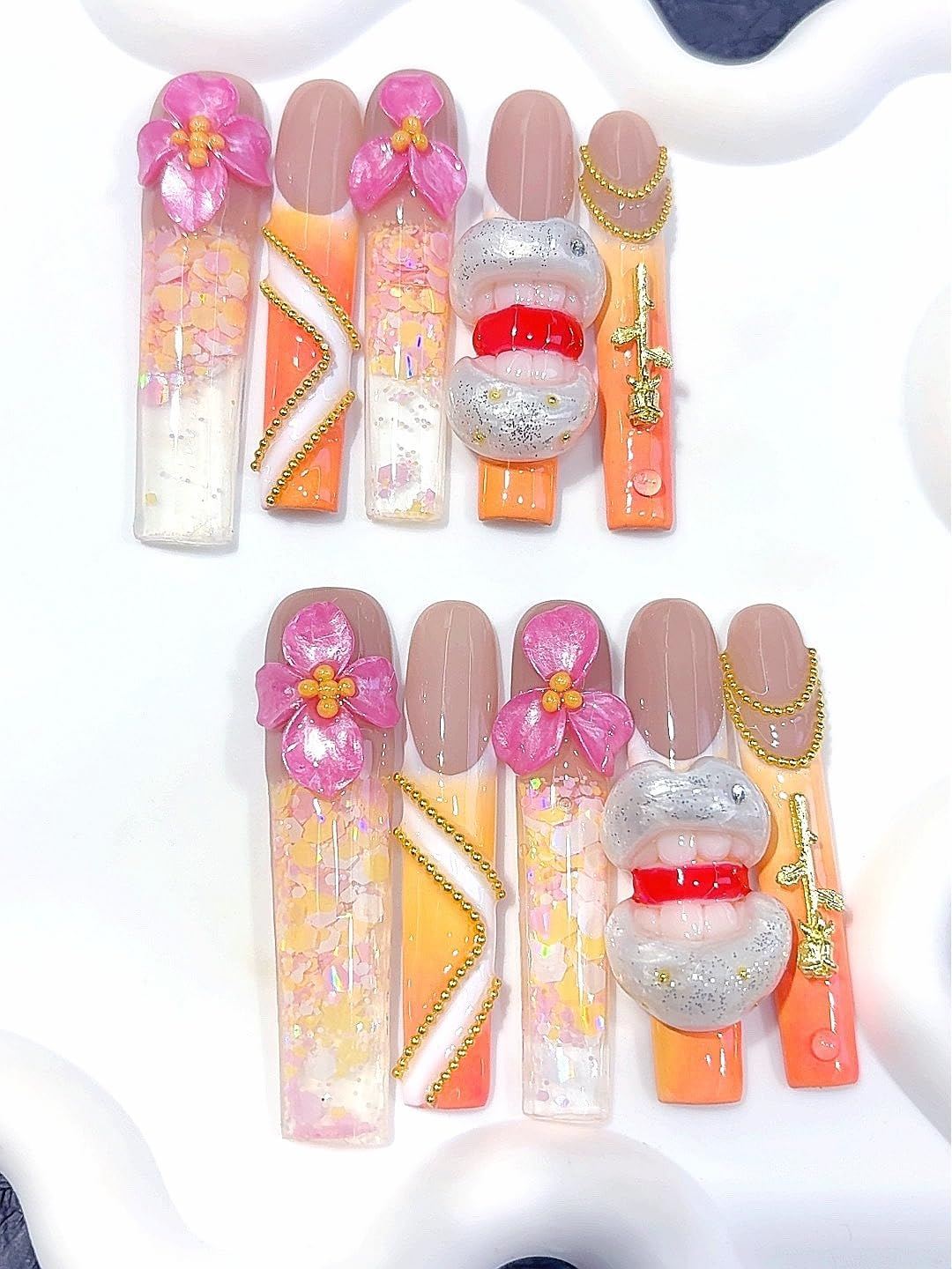 Soft Peach Resin Flow Art Press-On Nails, 3D Floral & Lace Rhinestone Embellished False Nails Set (10 Pcs) (O017, Short) image number 2