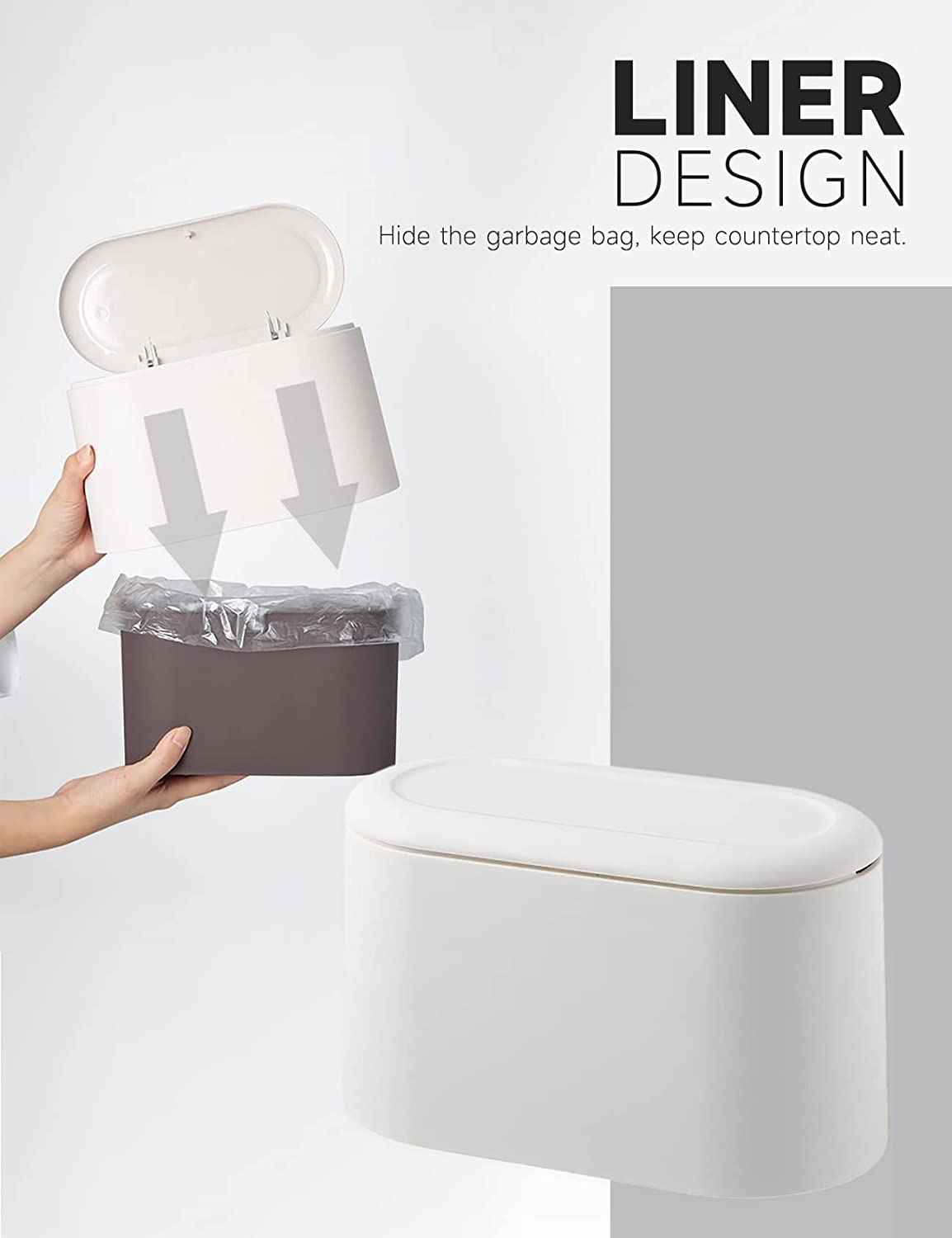 Mini Desk Trash Can with Lid Removable Small Garbage Can,White Pop up Countertop Wastebasket,Counter Garbage Lint Bin for Bathroom,Office,Kitchen,Desk