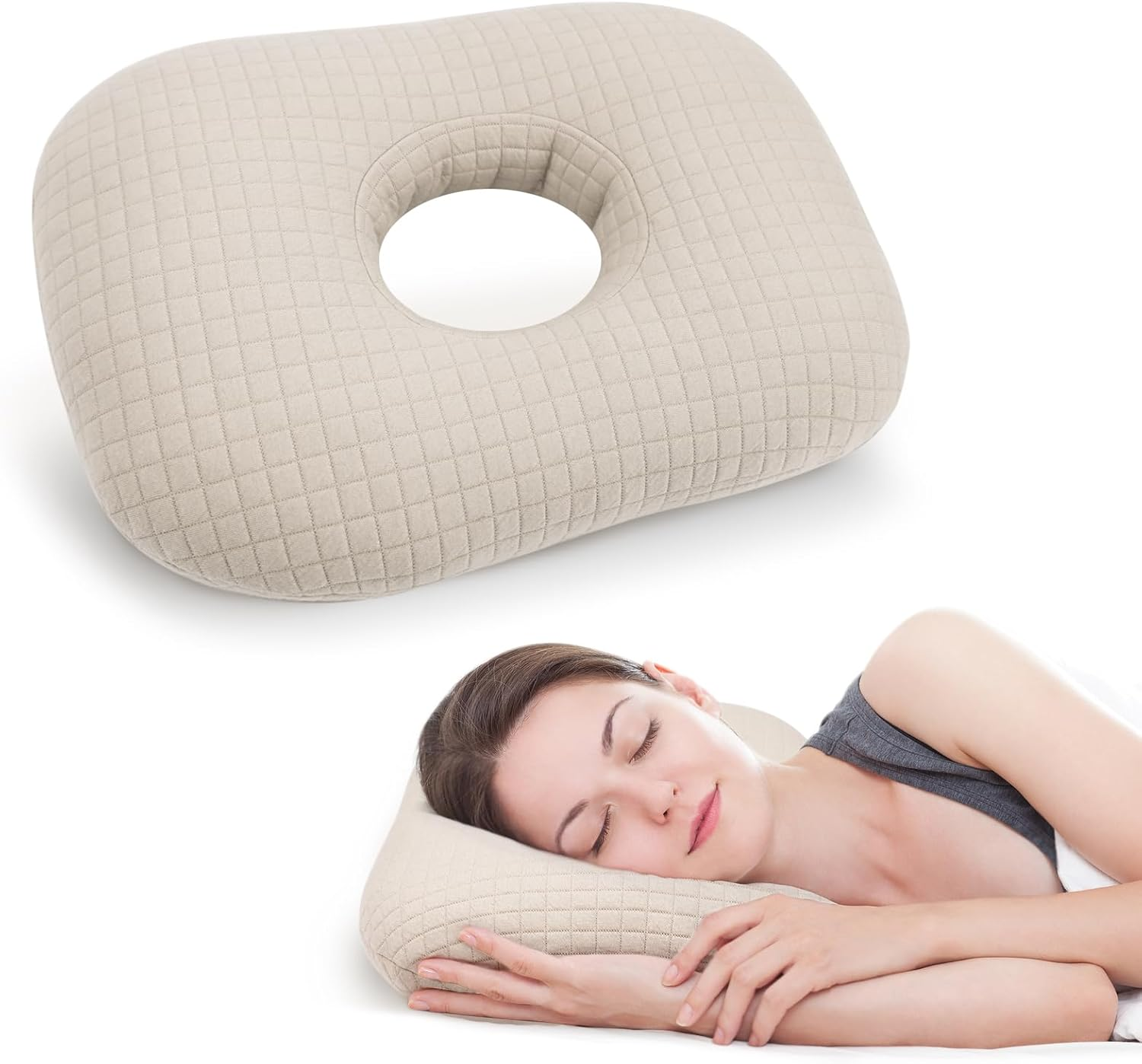 Roamready Ear Piercing Pillow for Side Sleepers, Ear Pillows with Holes for Pain, Earring Inflammation Pressure Sores, Cotton Earring Pillow for CNH Side Sleepers