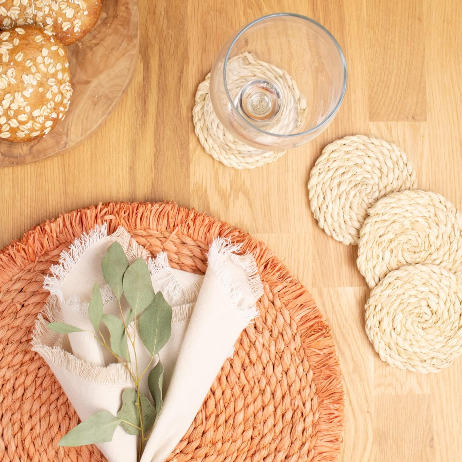 KAZI Essentials Boho Coasters for Drinks - Set of 6, Natural Wicker Raffia Woven Coasters, Eco-Friendly Handmade by African Artisans, Housewarming Gift, Coastal, Cottage D&eacute;cor (Natural Raffia)