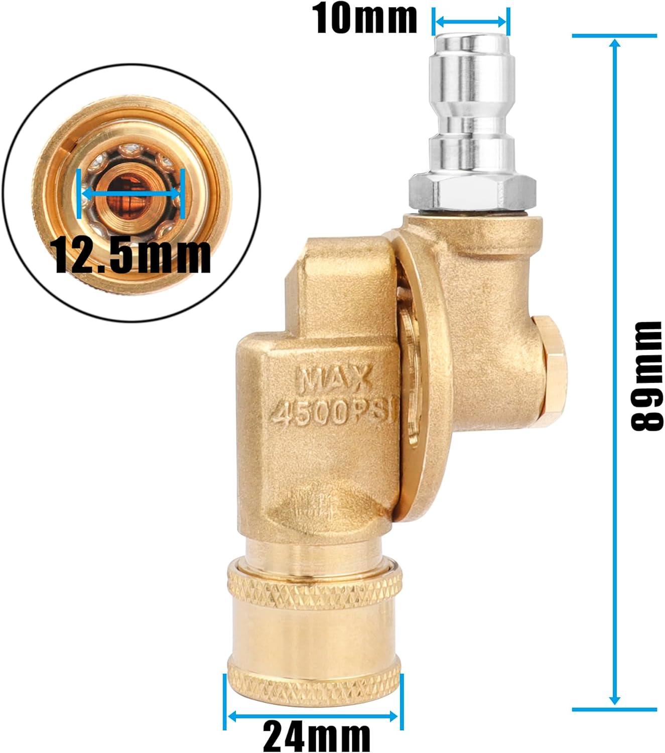Yakamoz 7 Angles Pressure Washer Pivoting Coupler, 1/4&rdquo; Brass Quick Connect 240 Degree Gutter Cleaner Attachmen for Pressure Washer Tips(4500 PSI) image number 3