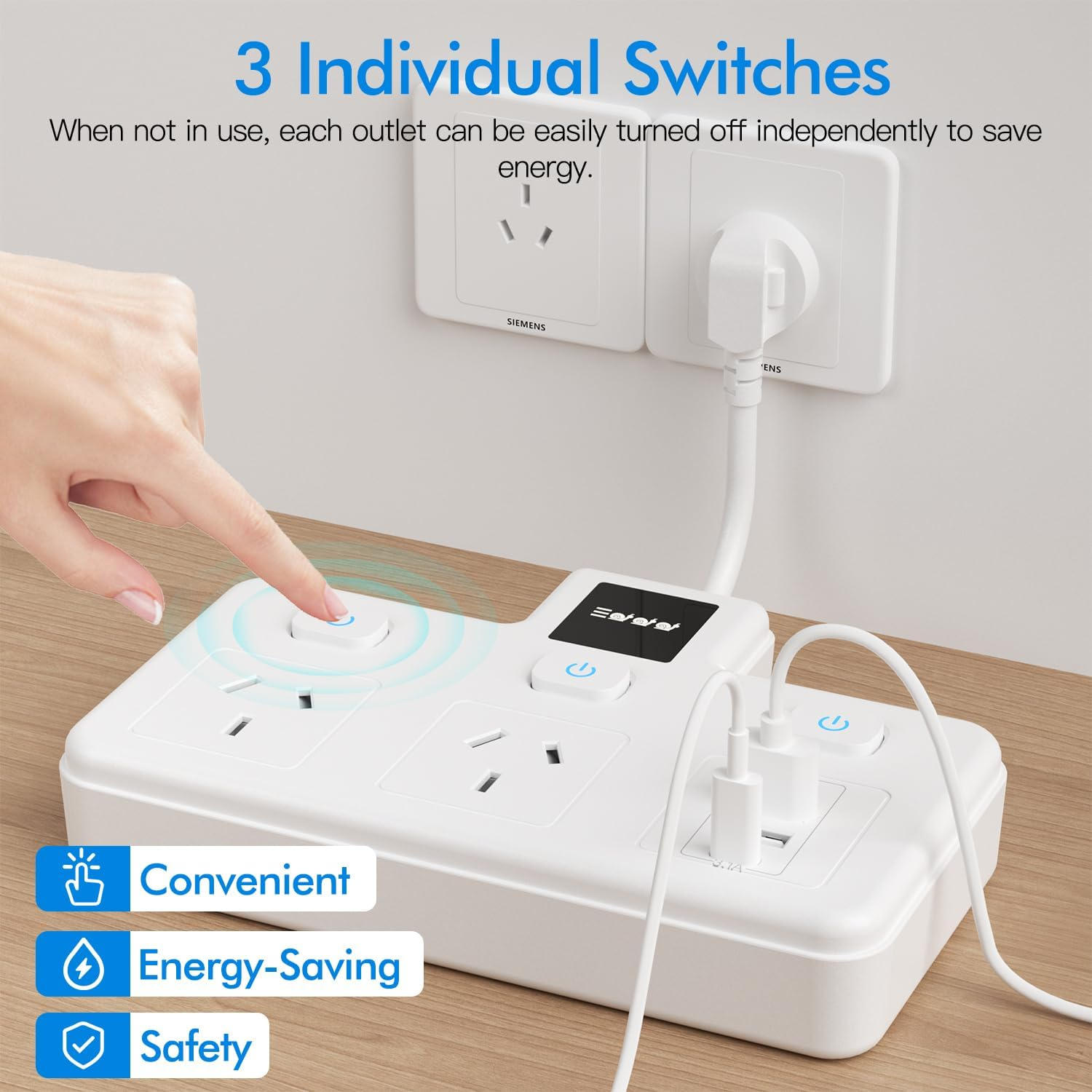 Power Board with 2 USB-C and 2 USB-A Ports,Surge Protector Power Strip 2 Outlets,3250W 10/16A Fast Charging,Adjustable Night Light for Home, Office, and Bedroom - Creamy-White image number 4