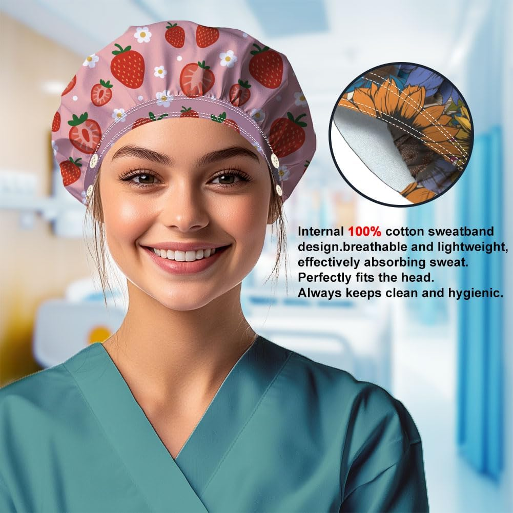Scrub Caps with 4 Buttons Adjustable Nursing Working Caps with Sweatband Resilient Surgical Hat Hair Cover for Work image number 5