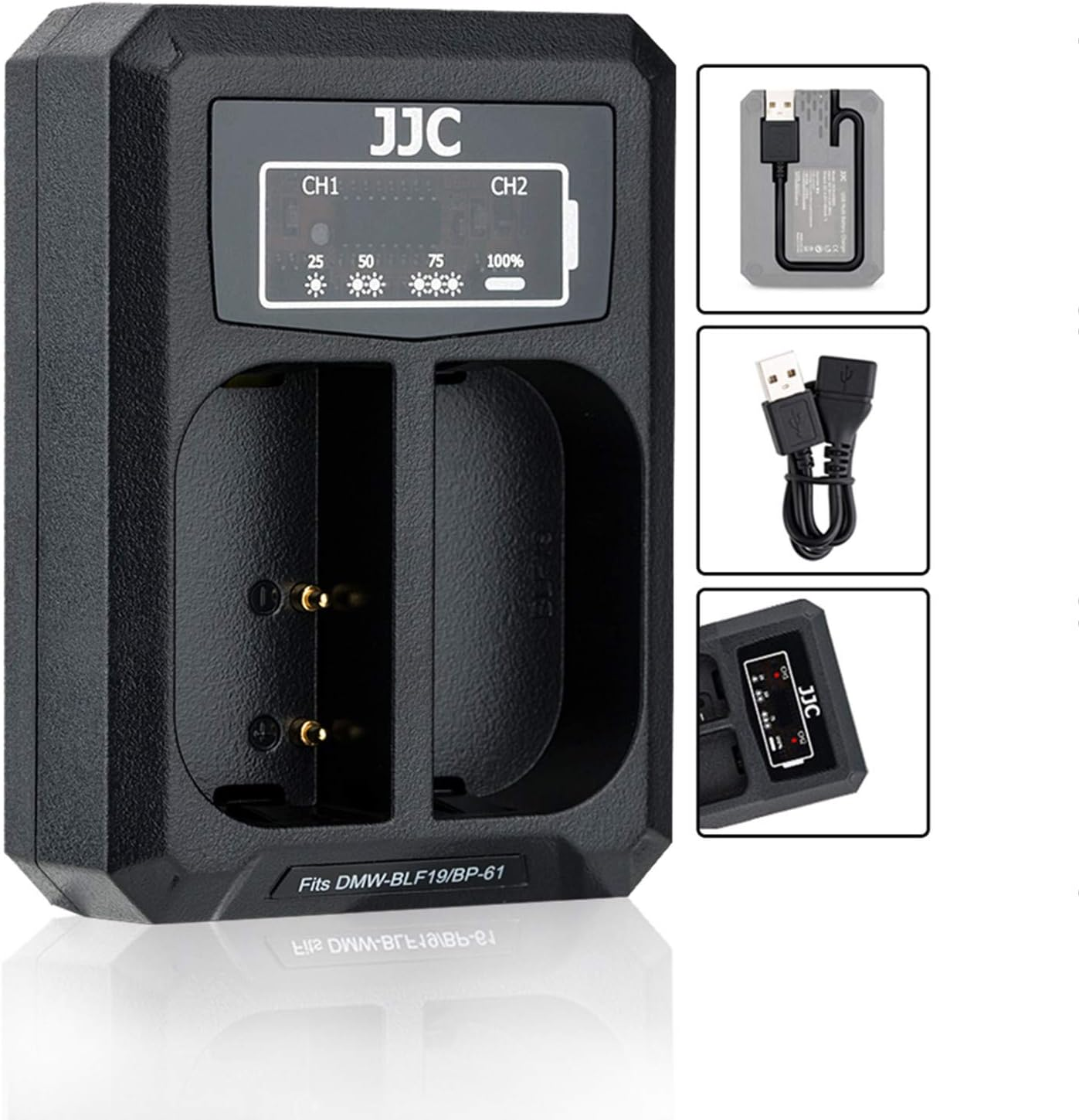 JJC DMW-BLF19 Battery Charger USB Dual Slots for Panasonic Lumix GH5S G9 GH5 GH4 GH3 & for Sigma BP-61 Sd Quattro (H), Replaces Panasonic DMW-BTC13 DMW-BTC10 & Sigma BC-61, with 40Cm Extension Cable image number 1
