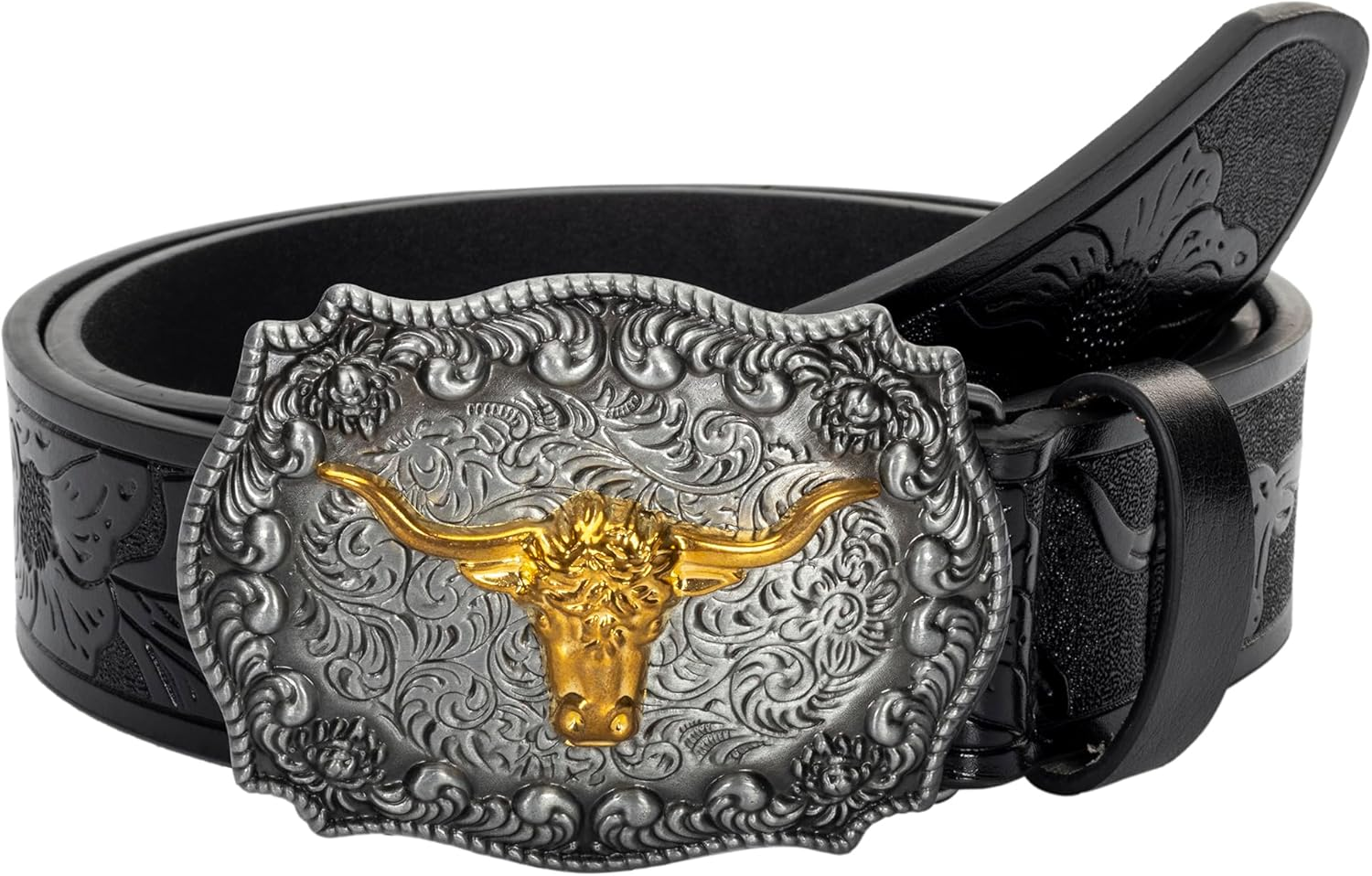 Vikodah Men & Women-Western-Cowboy-Leather-Belts - Longhorn Bull Pattern Buckle Belt Floral Engraved Buckle Belt for Jeans image number 3