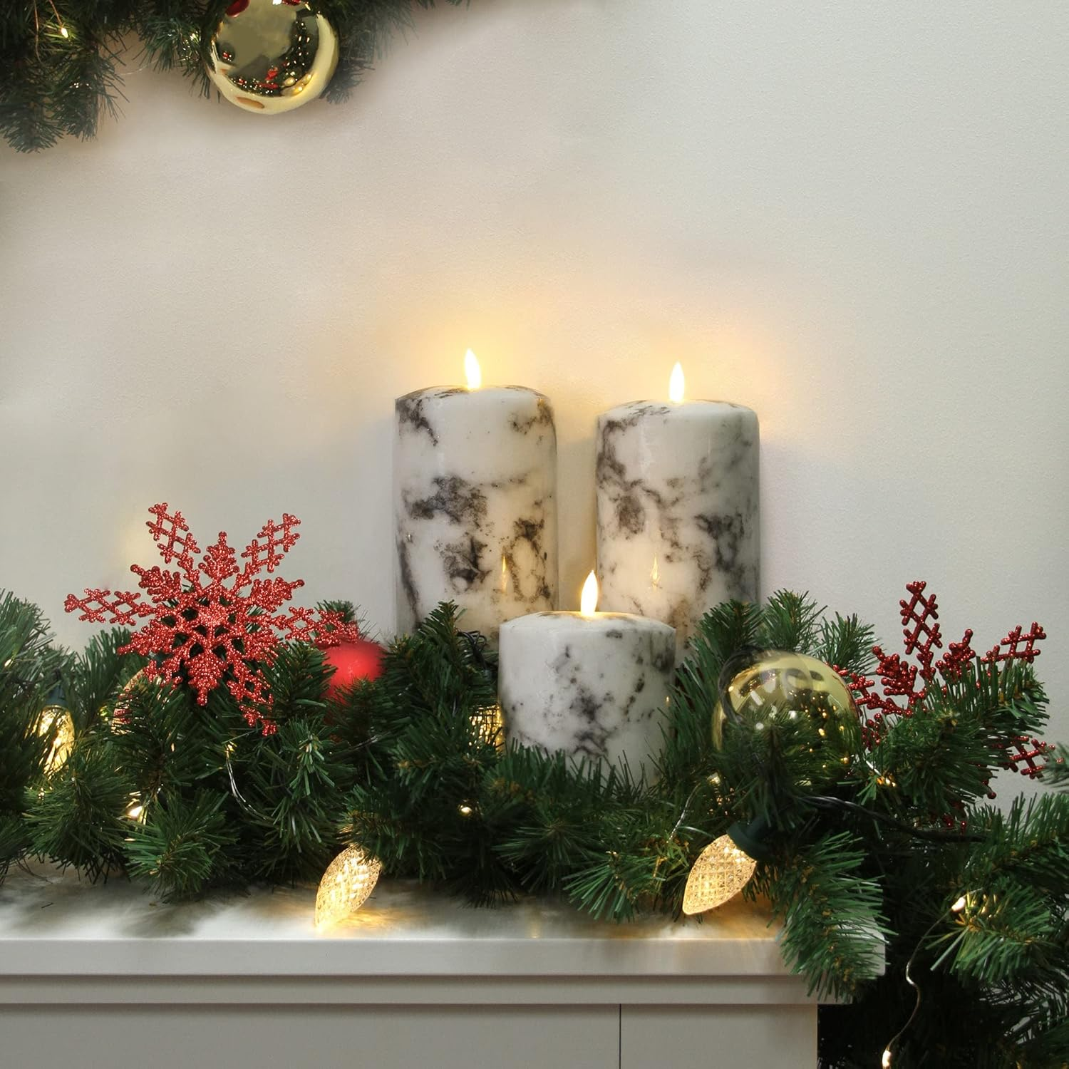 Set of 2 LED Marble Effect Wax Pillar Candles - 3 Size Options - 18Cm image number 4