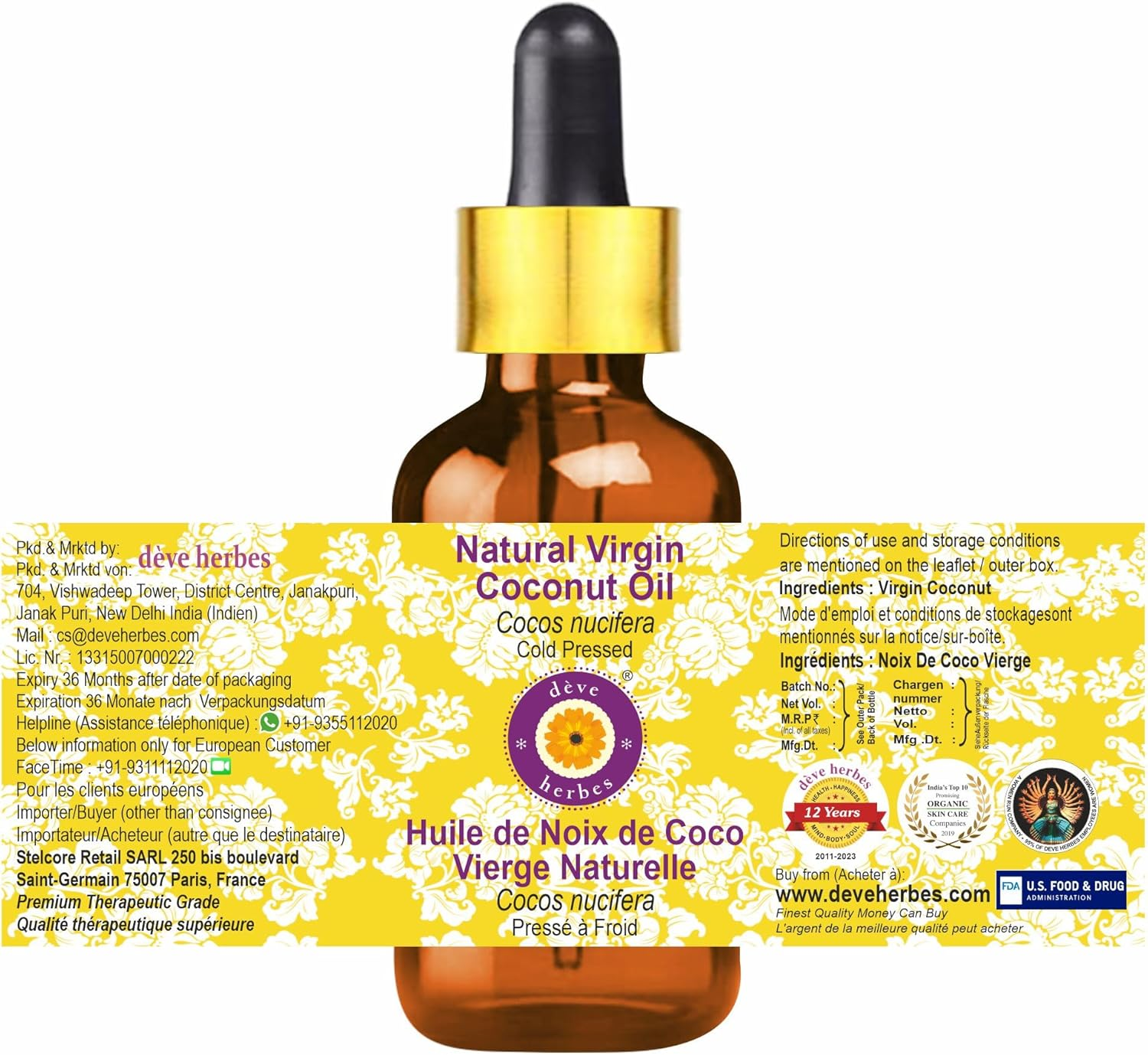 Deve Herbes Natural Virgin Coconut Oil (Cocos Nucifera) with Glass Dropper Natural Therapeutic Grade Cold Pressed 15Ml (0.50 Oz) image number 4