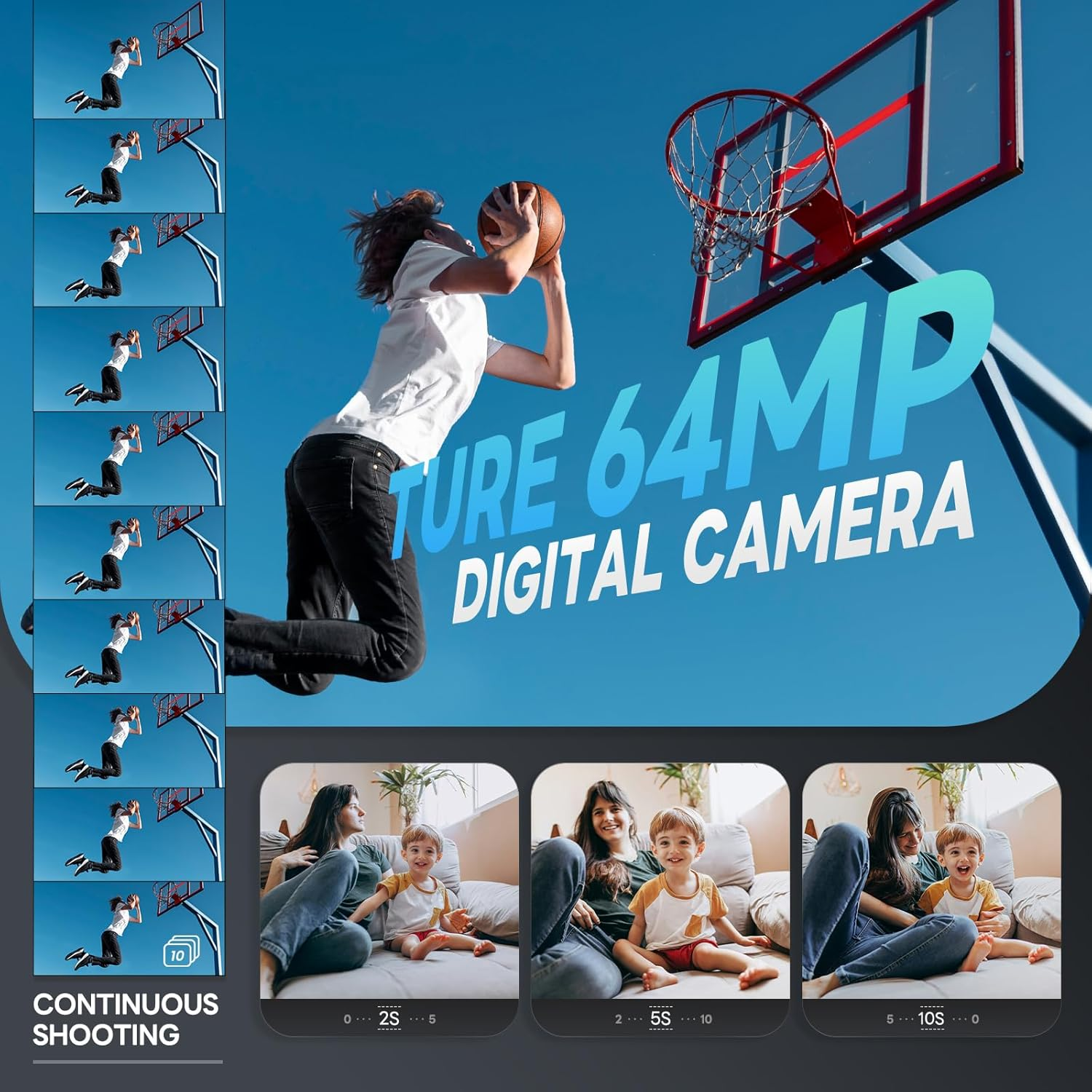 NBD 5K 64MP Digital Camera, Wi-Fi & App Control, 16X Zoom, Autofocus, Anti-Shake, 180&deg; Flip Screen, Macro & Wide-Angle Lenses, Webcam Function, Includes 64GB TF Card & 2 Batteries (Graphite) - Graphite image number 3