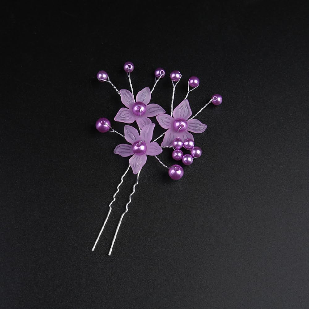 Pack of 10 U-Shaped Hair Pins, Fork Sticks, Pearl Flower Hair Clip, Bridal Hair Pin, Metal Hair Pin, 2 Prong Updo Chignon Pens for Women, Hair Styling Accessories, Purple image number 3