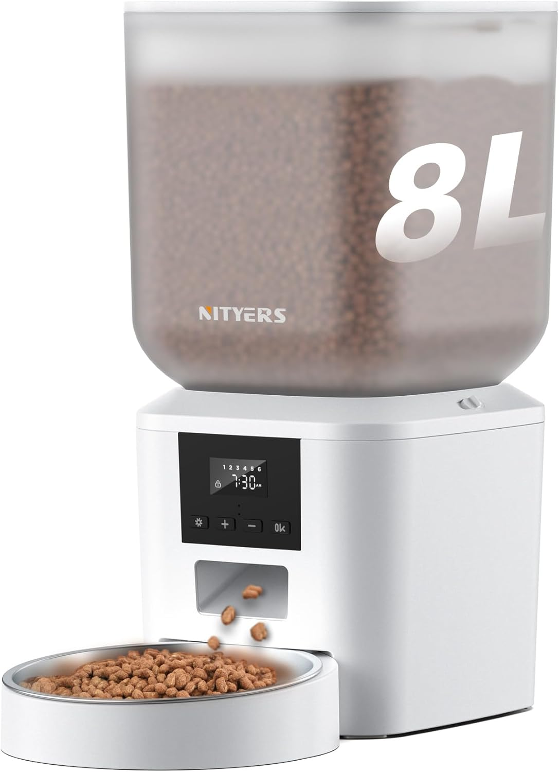 Automatic Cat Feeder, 7L/29 Cups Automatic Dog Feeder with Large Stainless Steel Bowl, up to 50 Portions 6 Meals per Day, Dual Power Supply, Idea for Multiple Pets, White