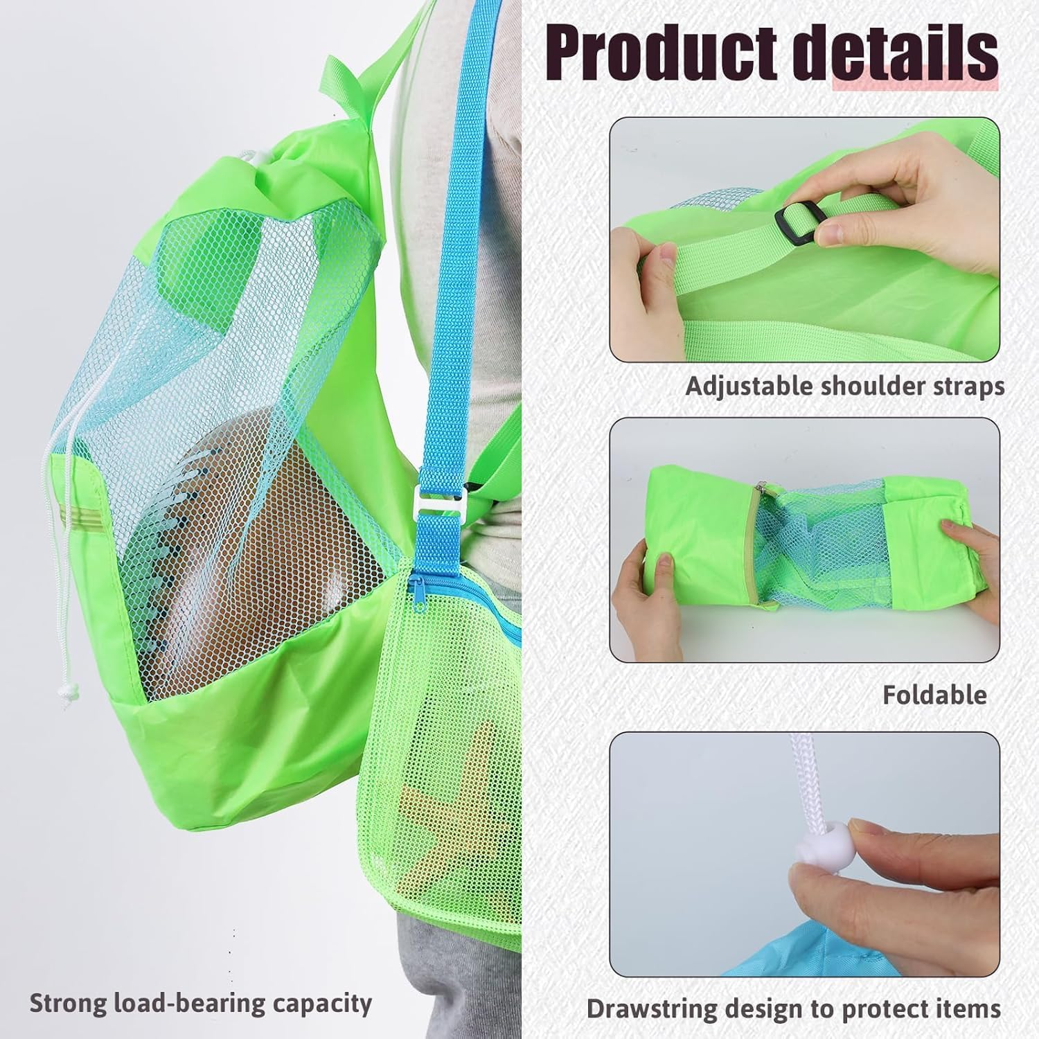 Shuoteng Drawstring Beach Toy Bag, 1Pc Portable Mesh Backpack Beach Tote, Drawstring Beach Shell Toy Bag Mesh Backpack for Pool, Green image number 1