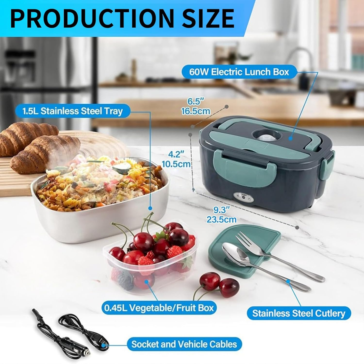 Stusgo Electric Lunch Box Warmer Heated Lunch Box, 60W, Leak Proof with 304 Stainless Steel Container & Spoon, AU Socket 220V 12V 24V, 3 in 1 Portable Food Warmer for Car, Home, Office, School(Green)