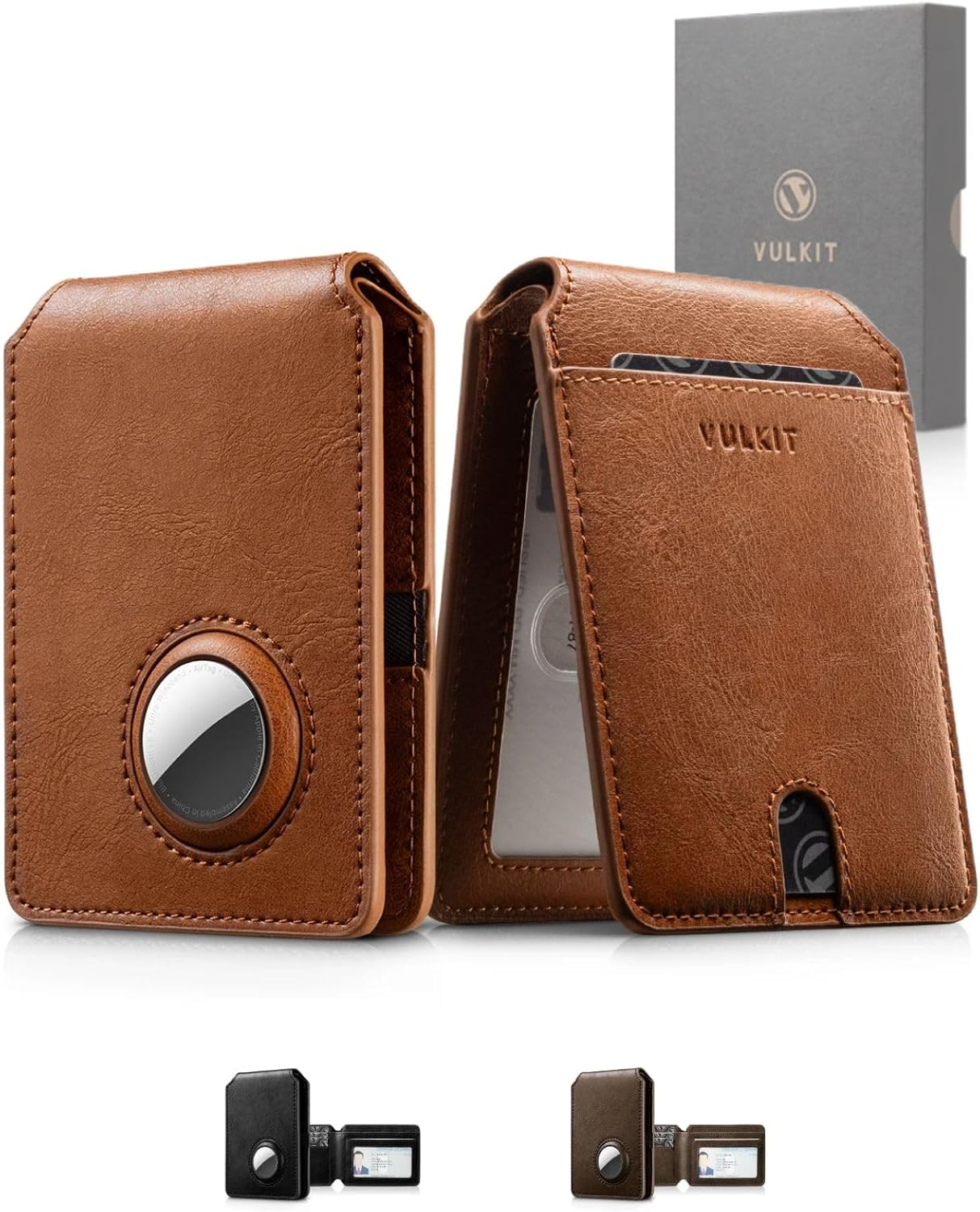 VULKIT Aussie Men'S Ultra-Slim Airtag Card Wallet (1.5Cm), RFID Blocking Leather Bifold with ID Window, Front Pocket Design & Anti-Loss Tracking for Everyday Carry & Travel, Coffee
