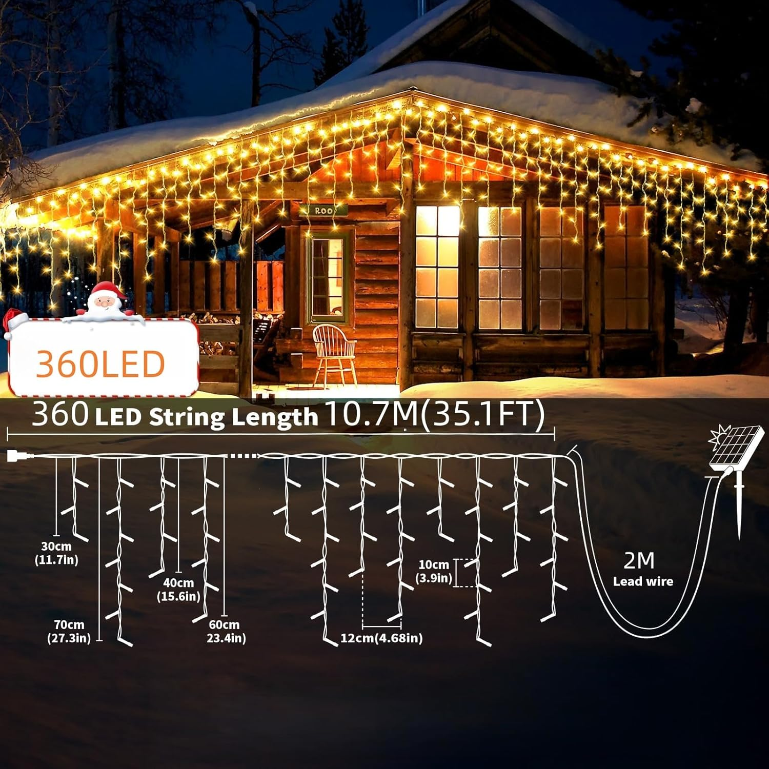 Solar Warm Icicle Lights, 35.1Ft 360 LED Curtain String Lights with Timer Dimmable,8 Modes Waterproof Fairy Lights for outside Holiday, Patio, Balcony, Window, House Eaves Decorations image number 3