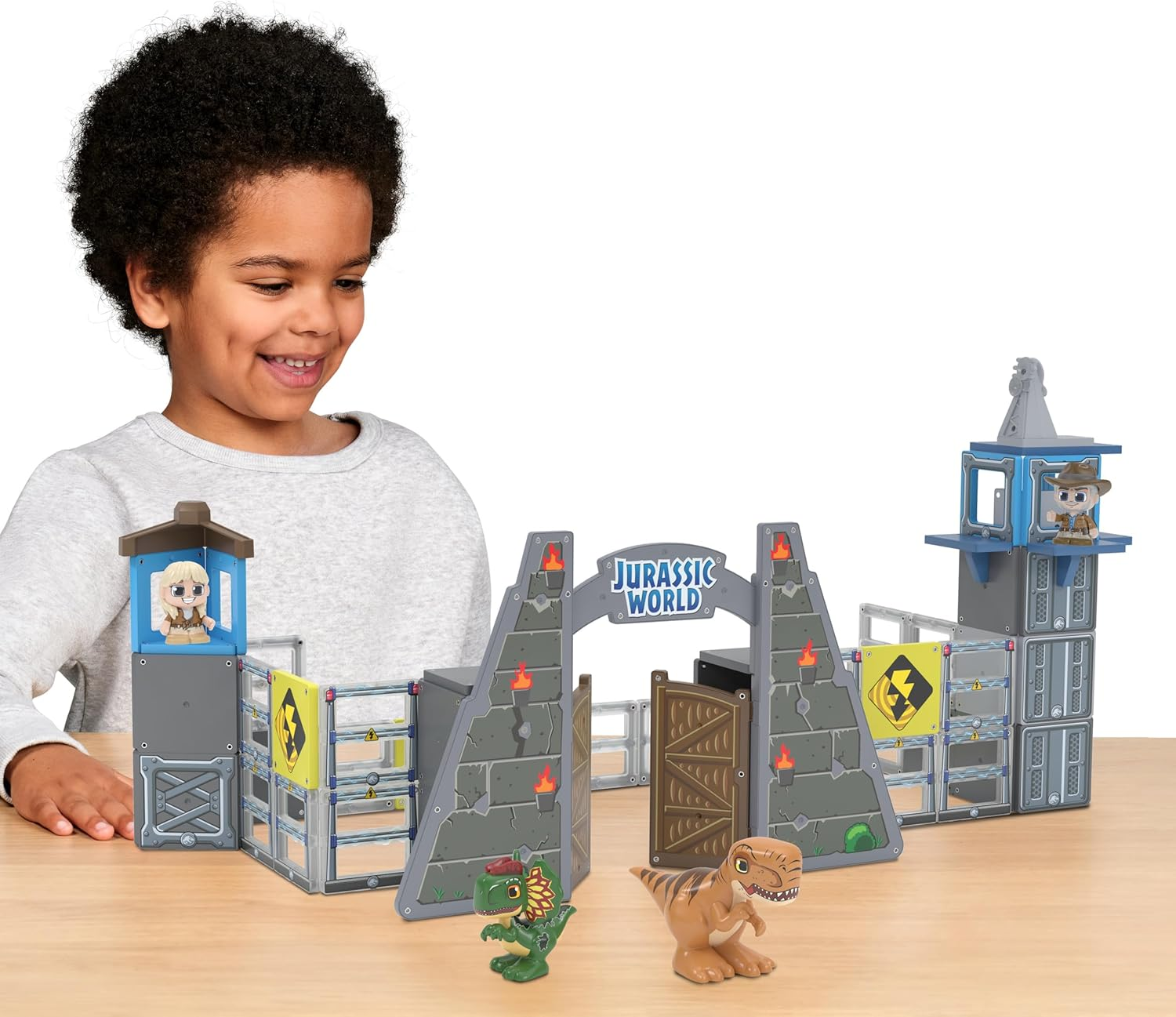 TILE TOWN Jurassic World Dino Escape Magnetic Tiles Construction Building Set and Figures, Kids 3-5+, New ACTION TILES for Action Play, Realistic Builds, STEM Creative Toy, Great Gift for Boys & Girls image number 6