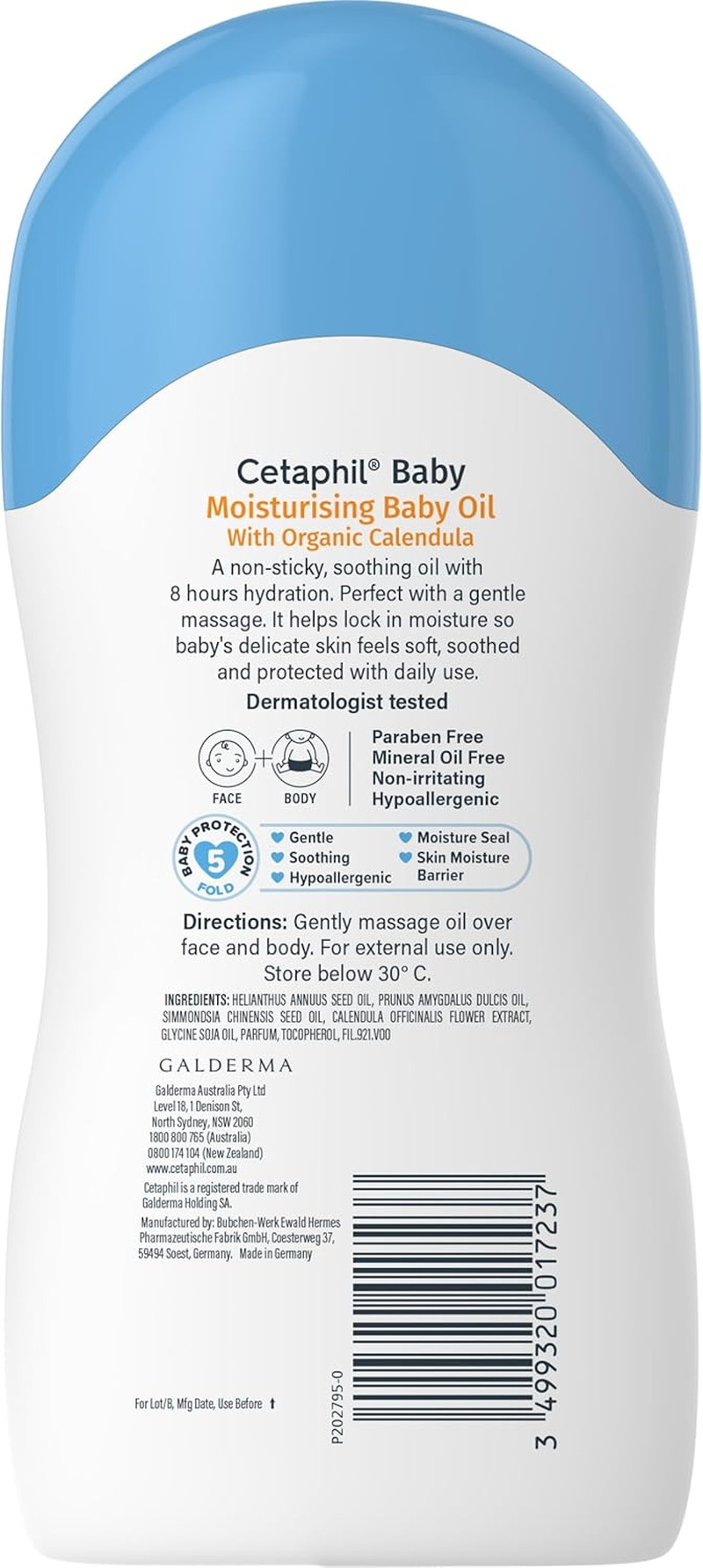 Cetaphil Baby Moisturising Oil with Organic Calendula, 200Ml, 8 Hour Hydration, for Face and Body, Paraben Free, Dermatologist Tested image number 1