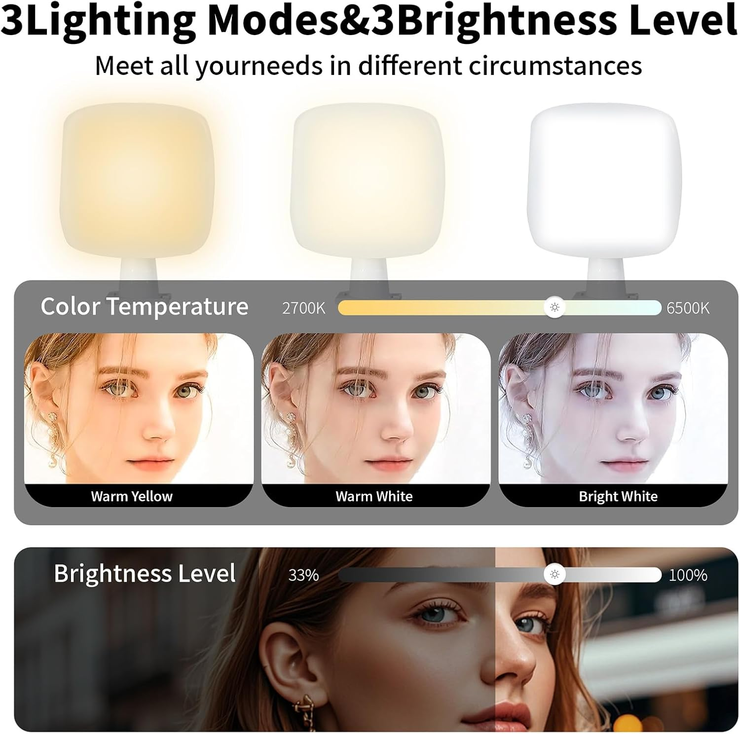 ENUOLI Portable Fill Light - 3 Colors & 9 Dimming Levels, Rechargeable Cell Phone Selfie Lights, Rechargeable Clip-On Selfie Lights for Makeup/Photography, Clip on Phone/Laptop/Camera - White-D6 image number 7