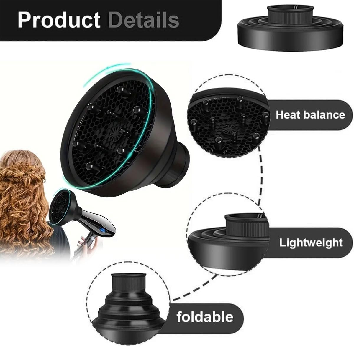 Diffuser Hair Universal, Diffuser Attachment Curls Hair, Diffuser Hair Dryer Portable, Diffuser Hair Dryer Attachment, Diffuser Attachment Silicone, Hair Dryer Diffuser, Foldable Hair Dryer Attachment image number 1