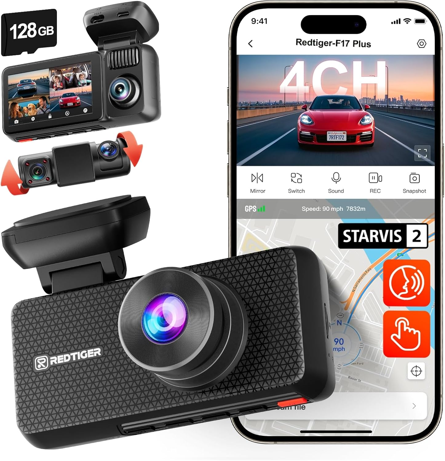 REDTIGER 4 Channel Dash Cam 2.7K+1080P*3, STARVIS 2,Included 128GB Card, 360&deg; Front inside and Rear Cabin Car Camera, IR Night Vision, 5Ghz Wifi 6, GPS, Smart Voice Control, Touch Screen(F17 Plus) image number 1