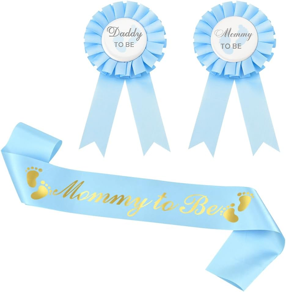 Parent to Be Pins Sash for Baby Shower Boy Girl Gender-Neutral Mommy Daddy to Be Button Badges and Sash Set of 3 New Dad Mom Gifts for Women Men