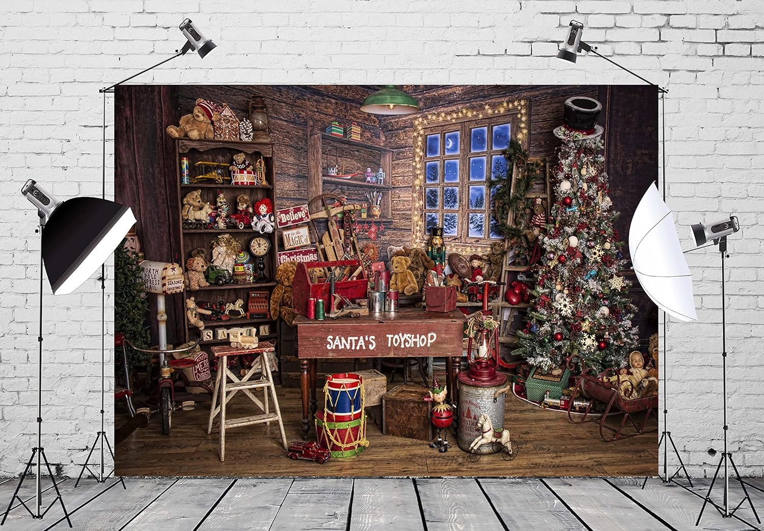 BELECO 8X6Ft Fabric Christmas Santa'S Toyshop Photography Backdrop Vintage Interior Xmas Tree Gifts Snow Window Wooden Shed Store Background for Christmas New Year Party Supplies Photo Booth Props image number 2
