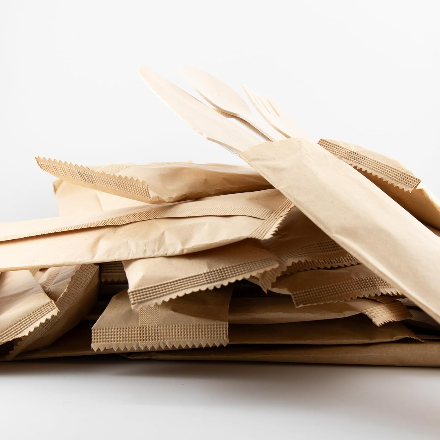 SANN Disposable Birchwood Cutlery Sets, 300 Pieces Individually Wrapped as Set of Fork Spoon Knife with Napkin, Natural Finish, Classic Style for Parties (Carton of 100 Sets)