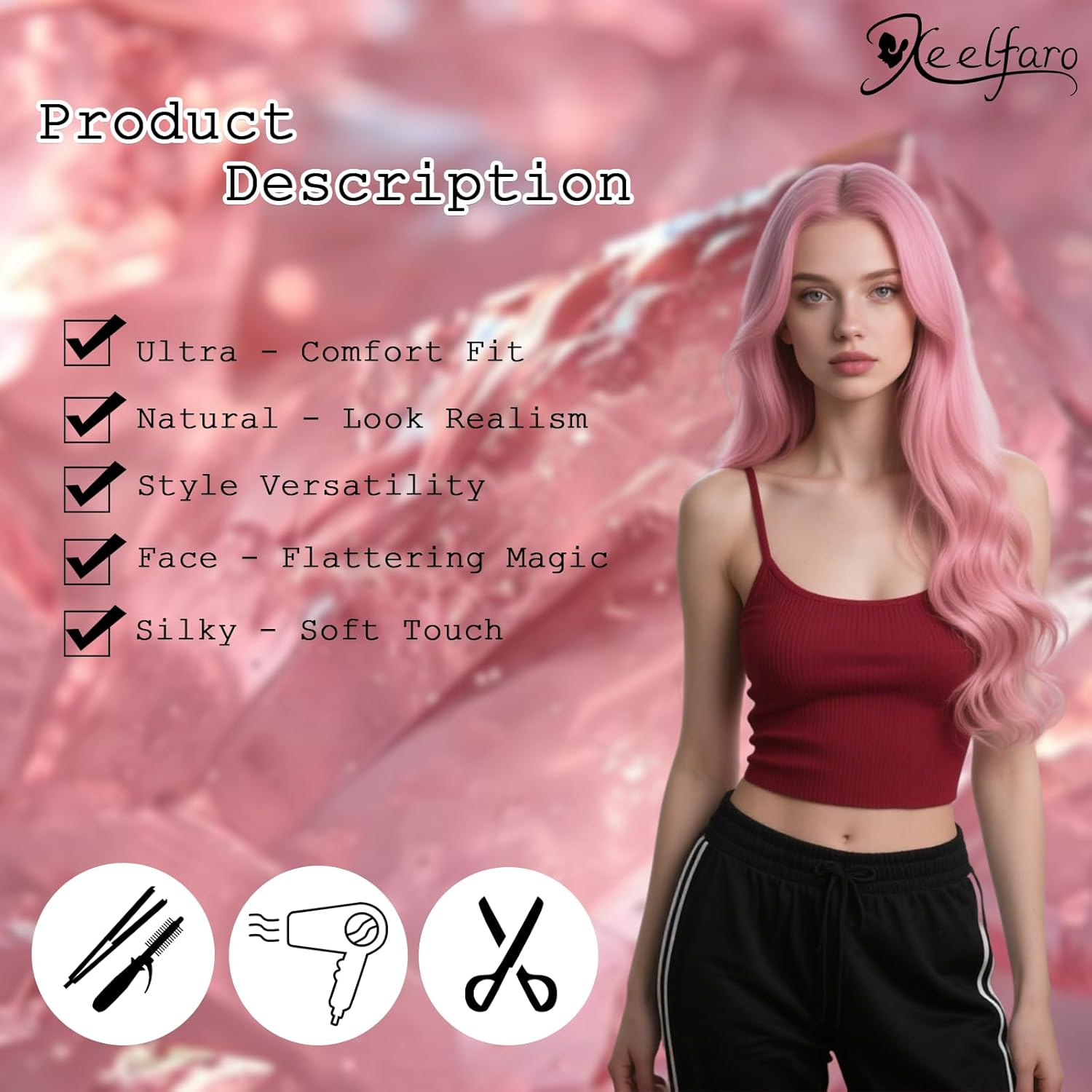 Xeelfaro Pink Wavy Long Wig for Women Full Head with Natural Curls & Soft Texture, Flowing 24Inch Wig for Special Occasions Style Statements (Pink, 24Inch) - Brown image number 3