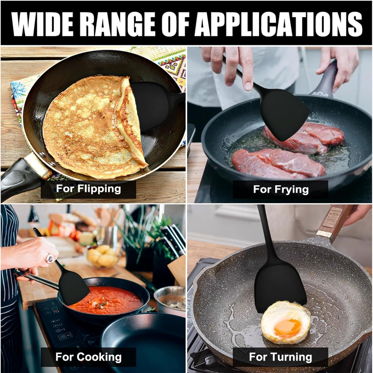 Pack of 2 Silicone Wok Spatula,Silicone Turner Spatula,Silicone Spatula for Cooking,Non-Stick,Bpa Free,Heat Resistant, Easy to Clean, for Cooking, Baking, Flipping Eggs, Pancake, Burgers (Black) image number 5