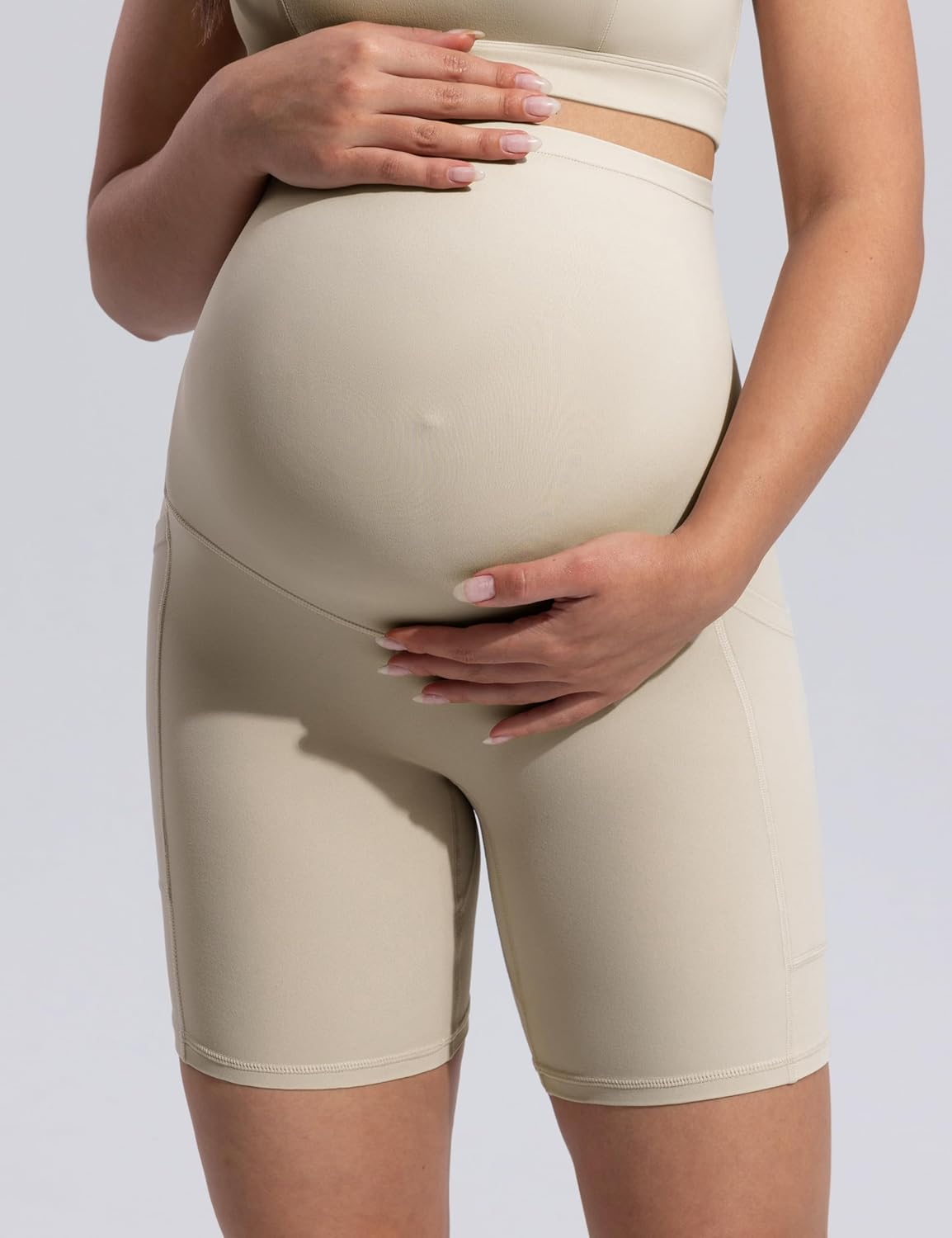 POSHDIVAH Women'S Creamluxe Maternity Biker Shorts over the Belly with Pockets - 6"/8" Summer Pregnancy Yoga Workout Short image number 6