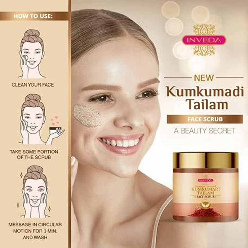 Inveda Kumkumadi Tailam Face Scrub | Prevents 9 Skin Problems with Kesar, Turmeric, Licorice and Sandalwood for Removing Dead Skin Cells for Radiant & Spot Free Skin, 100Ml image number 6