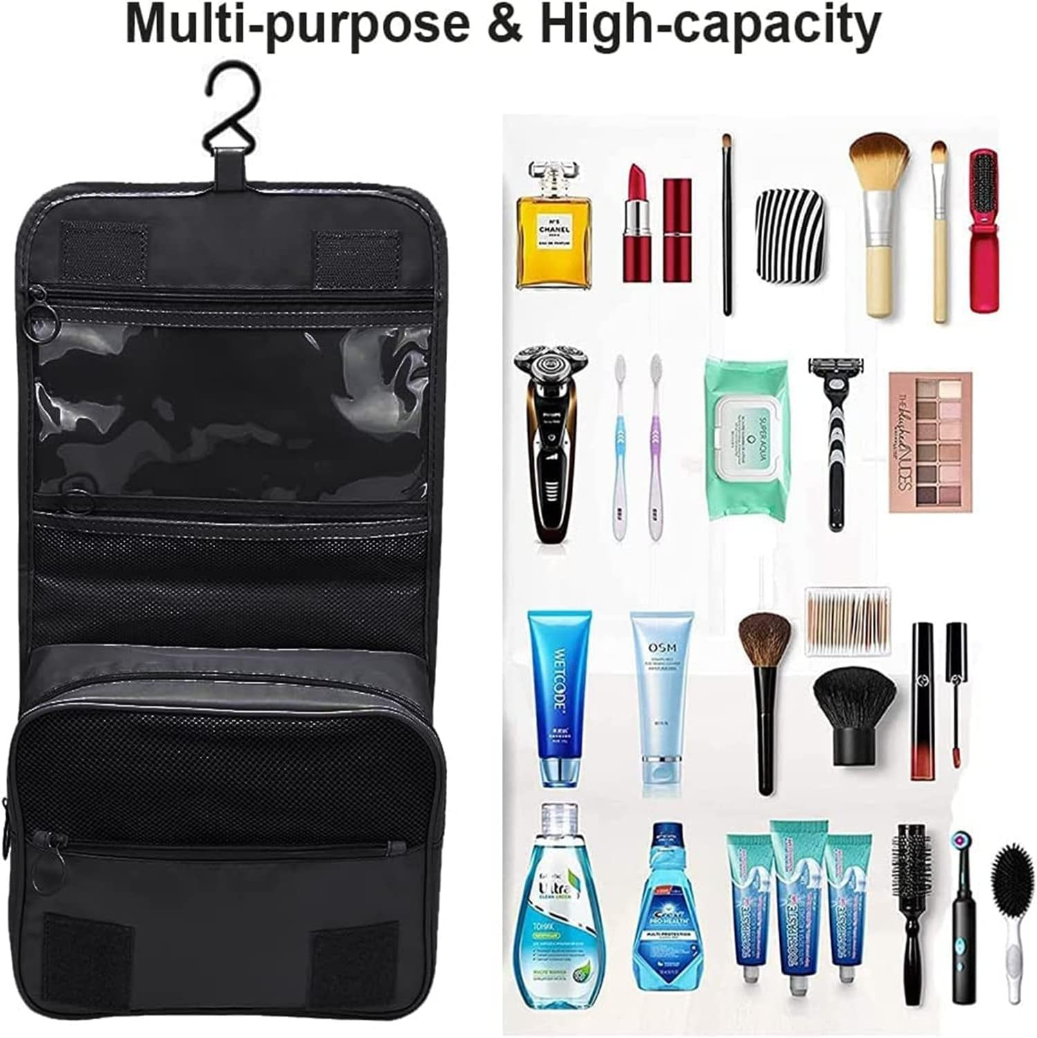 JCZD Hanging Toiletry Bag, Travel Wash Bag for Women Portable Folding Cosmetic Organizer Large Capacity Girls Makeup Bag Waterproof Shower Bag with Separate Compartment (Black)