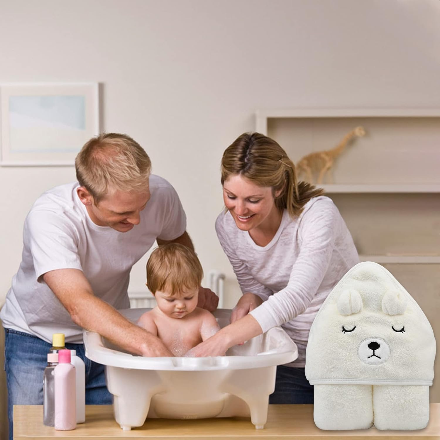 Hooded Baby Towel, Baby Bath Towels with Hood,Unique Animal Design Baby Towel with Hood Soft Absorbent Baby Bath Towels, for Newborn Baby Boy and Girl (White) image number 3