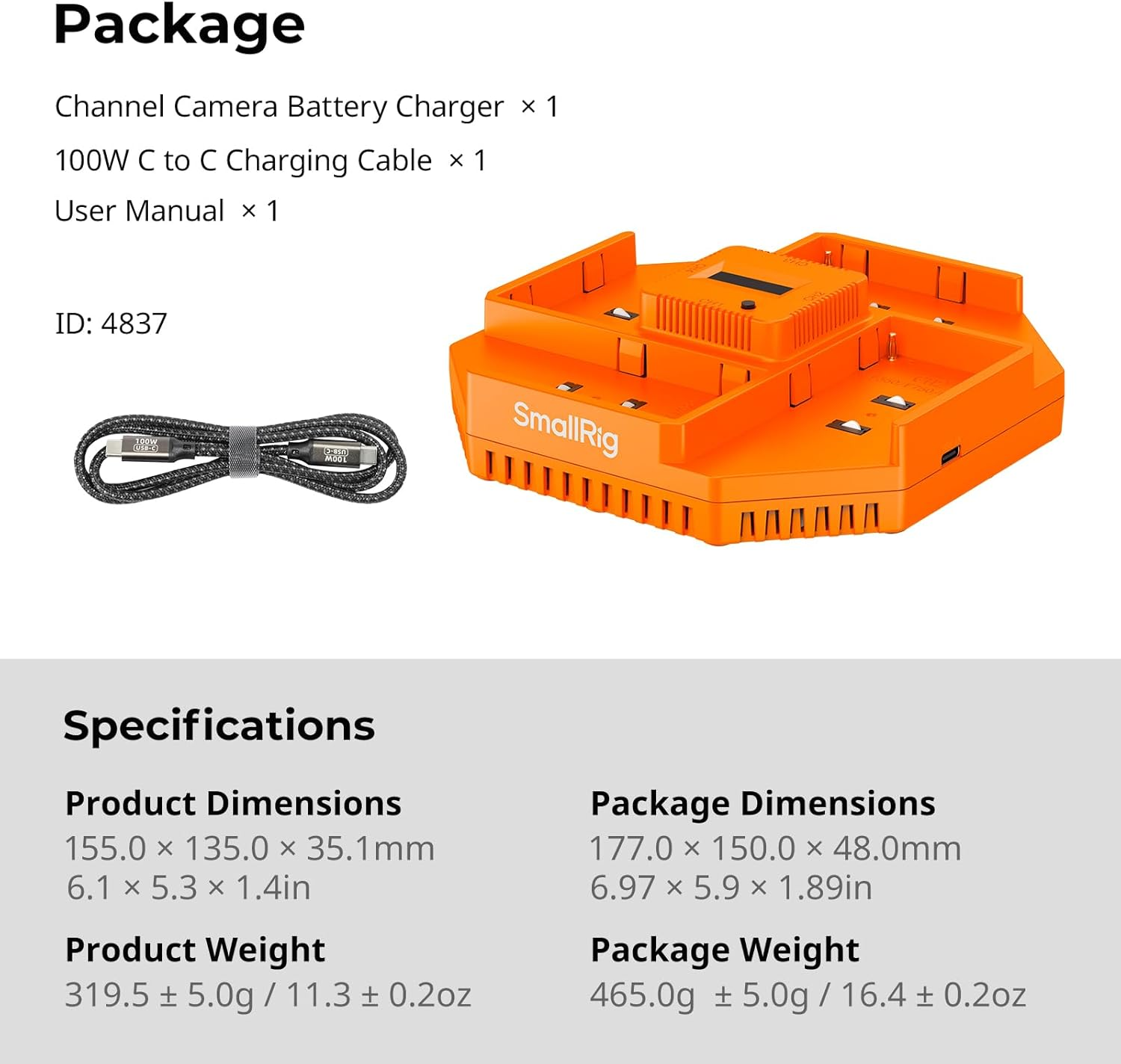 Smallrig NP-F970 4-Channel Camera Battery Charger, with PD100W Fast Charging, OLED Display, Compact NP-F Battery Charger for Sony NP-F970, NP-F750, NP-F550, NP-F570, Orange - 4837 image number 6