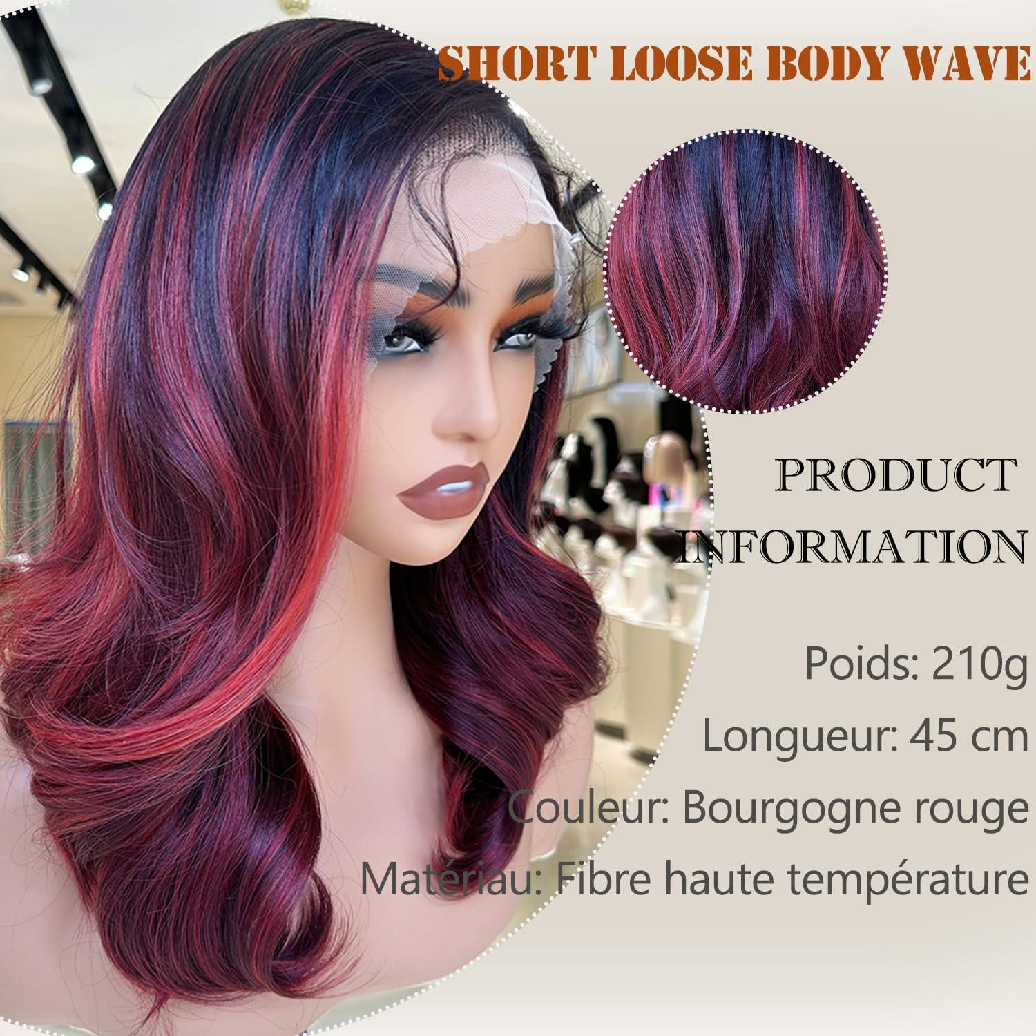 Bordeaux Red Shimmer Lace Wig 13X6Cm Synthetic Lace Front Light Heat Resistant Short Wavy Wigs for Women image number 3