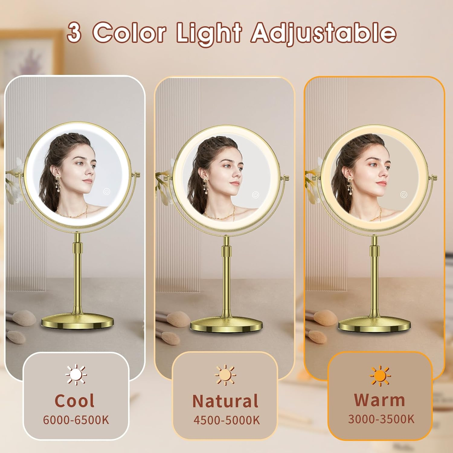 MILPROX 8 Inch Makeup Mirror with 10X Magnification & 3 Color Lights, Adjustable Brightness & Height, Rechargeable Double Sided 1X 10X Magnifying Mirror, Lighted Makeup Mirror Touch Sensor - Gold - Gold image number 5