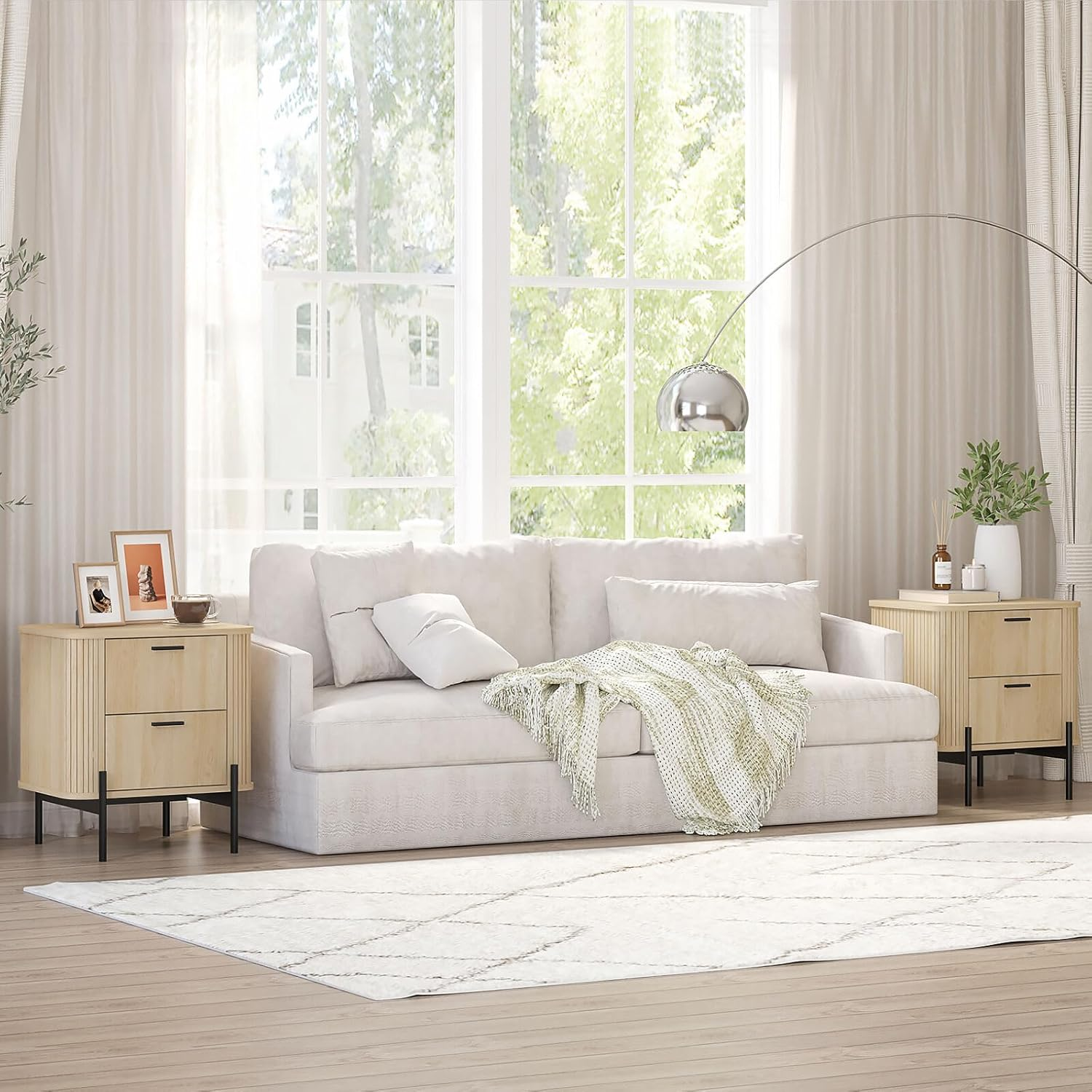 Merryluk Fluted Bedside Table Set of 2 Oak Nightstand with 2 Drawers and Black Metal Legs Ribbed Wood End Table round Corner Storage Cabinet for Bedroom Scandi Style image number 4