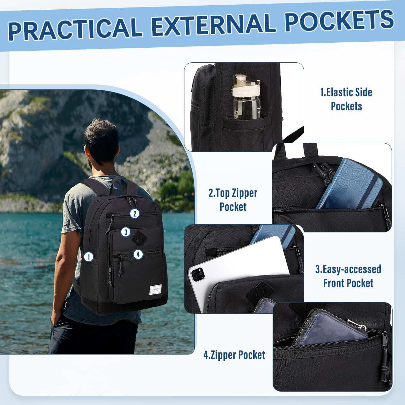 Chase Chic Backpack for Men Women, Causal Travel School Bag 15.6 Inch Lightweight Laptop Backpacks for Teenage Girls Boys image number 2