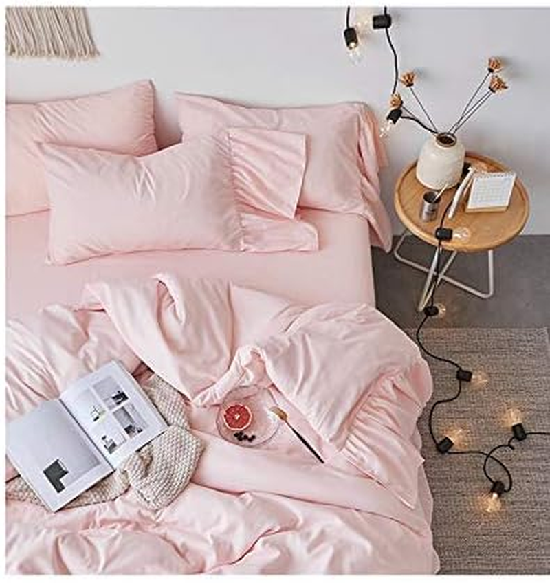 IHOUSTRIY Ruffle Duvet Cover Queen Size,100% Washed Microfiber 3Pcs Bedding Duvet Cover Set, Shabby Chic Farmhouse Duvet Cover and Pillow Shams, Zipper Closure & Corner Ties, Easy Care (Pink, Queen) image number 5