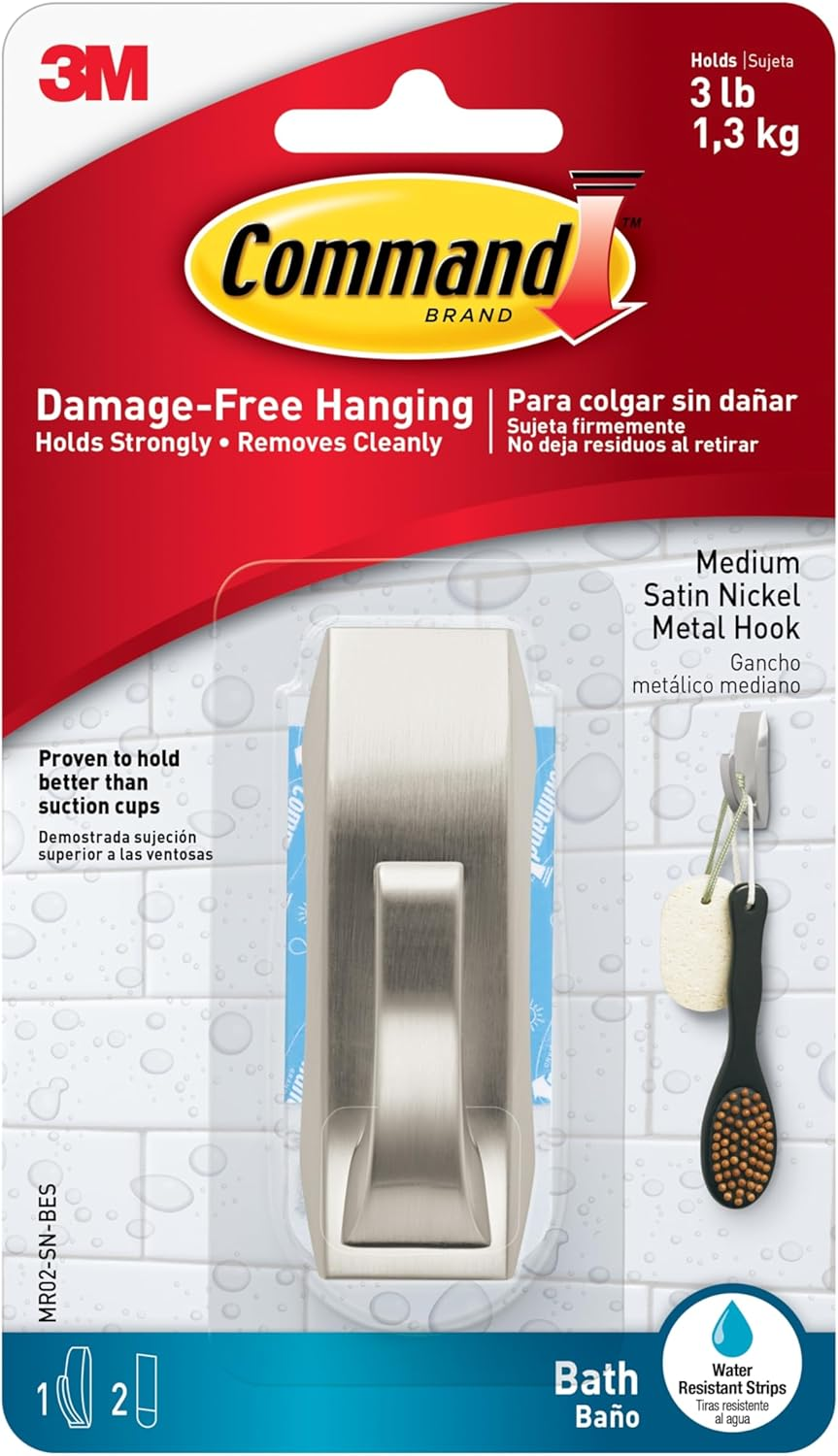 Command Modern Reflections Metal Hook, Medium, Brushed Nickel, 1-Hook (MR02-BN-ES)