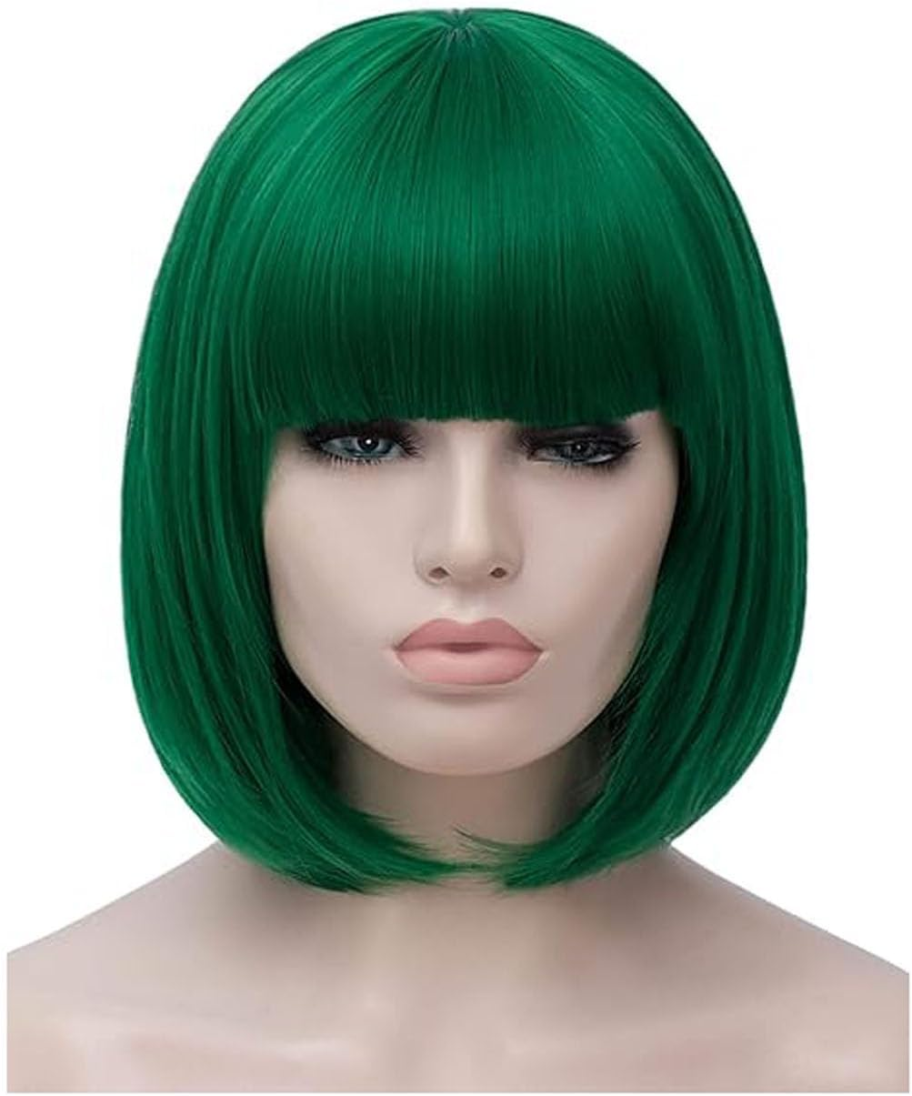 ZXUY 10 Inch Short Straight Bob Wig with Bangs for Women Looking Natural for Halloween Costume Cosplay Party Daily (Green)