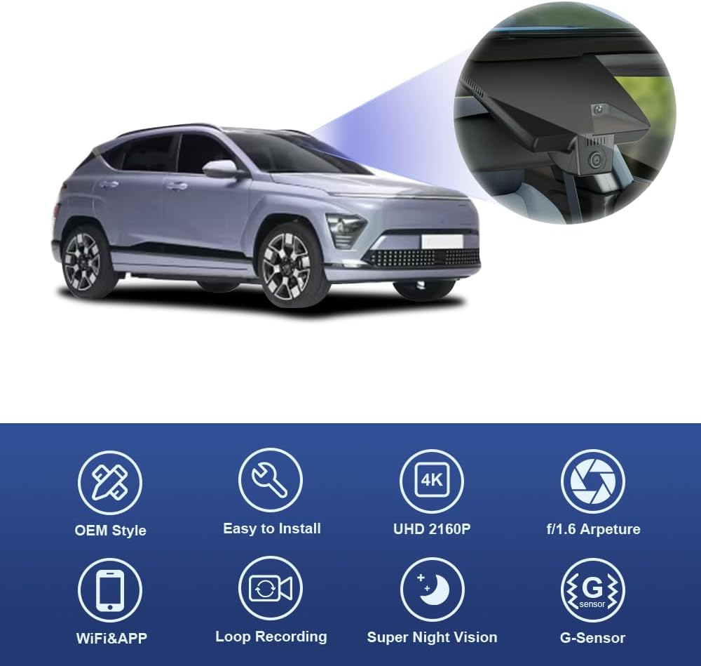 Fitcamx 4K Dash Cam Suitable for Hyundai Kona 2023 2024 2025 (Right Hand Drive Car, HD2-BE900), Integrated OEM Look, 2160P UHD Video Wifi Connect & APP, Loop Recording G-Sensor, Plug & Play, 64GB Card image number 6