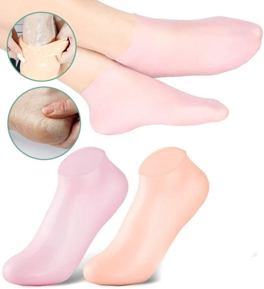 Ecosphere Finds Discovers Pink/ Beige Silicone Socks | Socks for Foot Spa and Foot Care with Moisturising Properties| Silicone Gel Heel Protectors in Plastic Socks | Dry Cracked Feet Women and Mens (Light Beige) image number 2