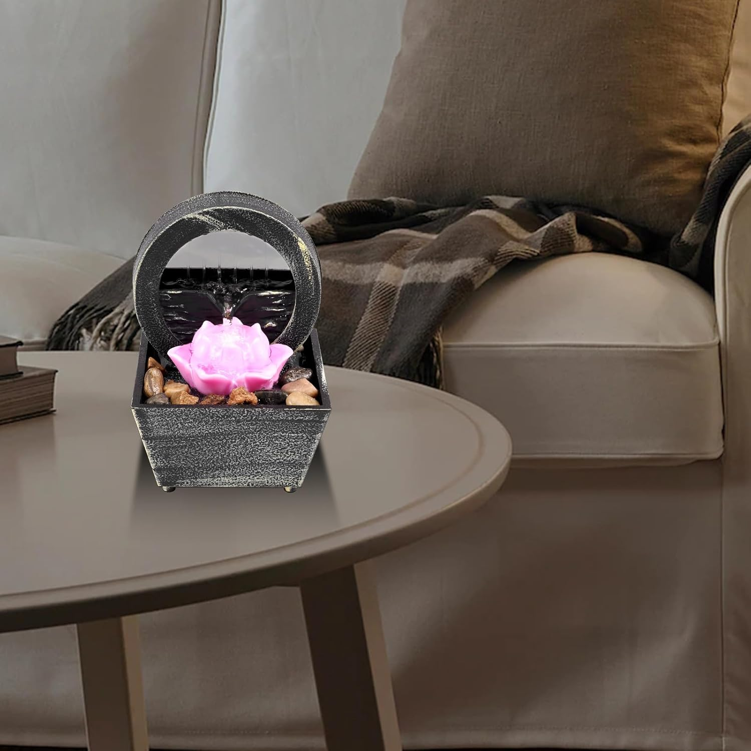 Fxvhojq Tabletop Fountain Mini Indoor Water Fountain LED Fountain Sound Relaxation Fountain Ornament Tabletop Fountains Indoor for Home Living Room Home/Office Decor (Lotus Flower)