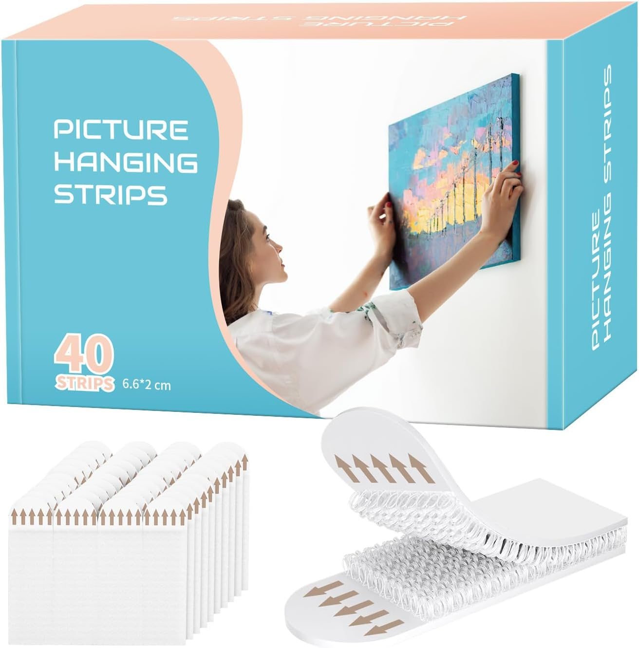 Picture Hanging Strips Heavy Duty, Damage Free Hanging Picture Hangers for Walls, Picture Hanging Kit, Hanging Hooks without Nails, Medium Poster Wall Strips White 20-Pairs (White, 6.6Cm+10Cm)