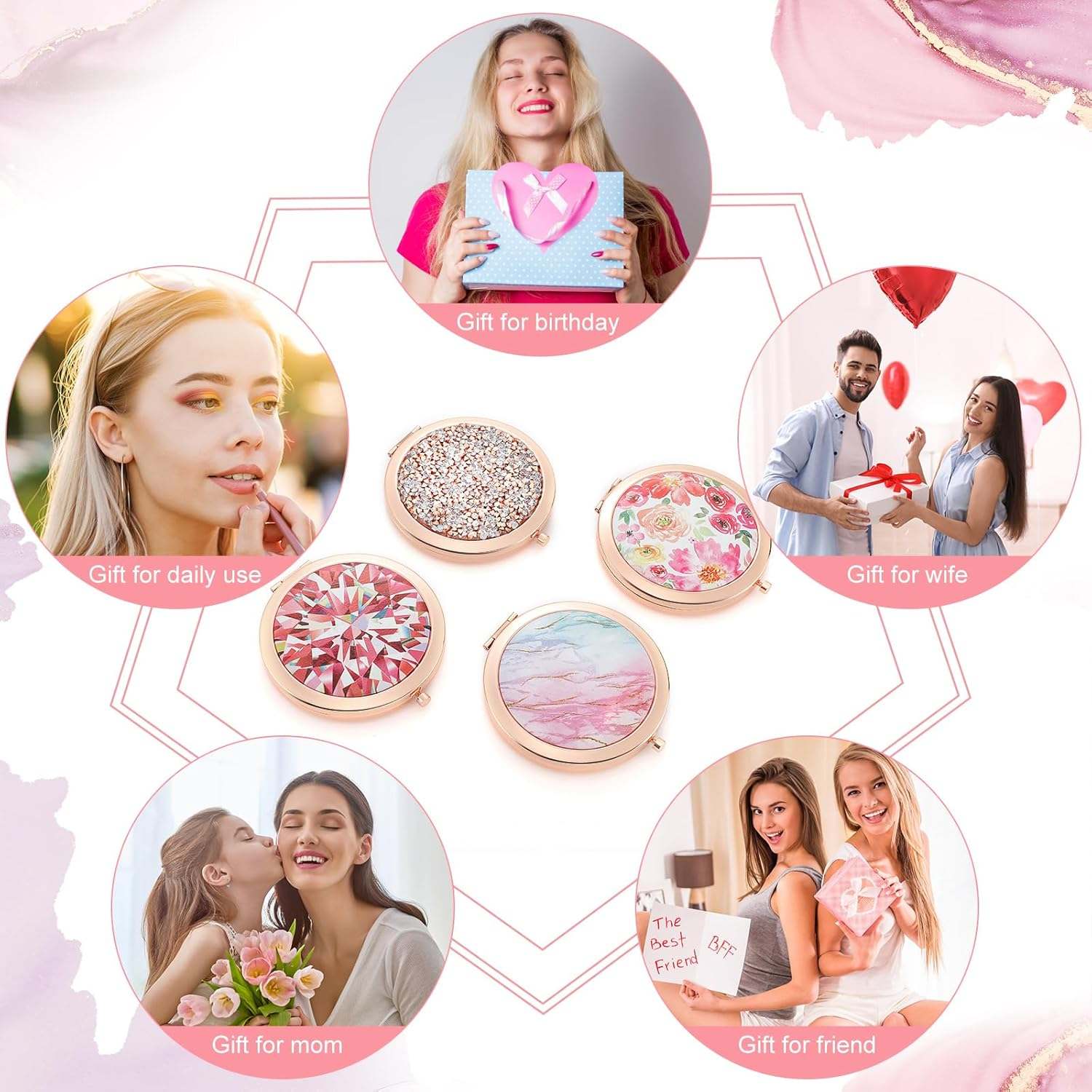 Chunful 4 Pcs Floral Pocket Mirror for Women Bulk Rhinestone Rose Gold Compact Mirror Vintage Engraved Pocket Makeup Double Sided with 1X/2X Magnifying for Bridesmaid Wedding Gifts image number 5