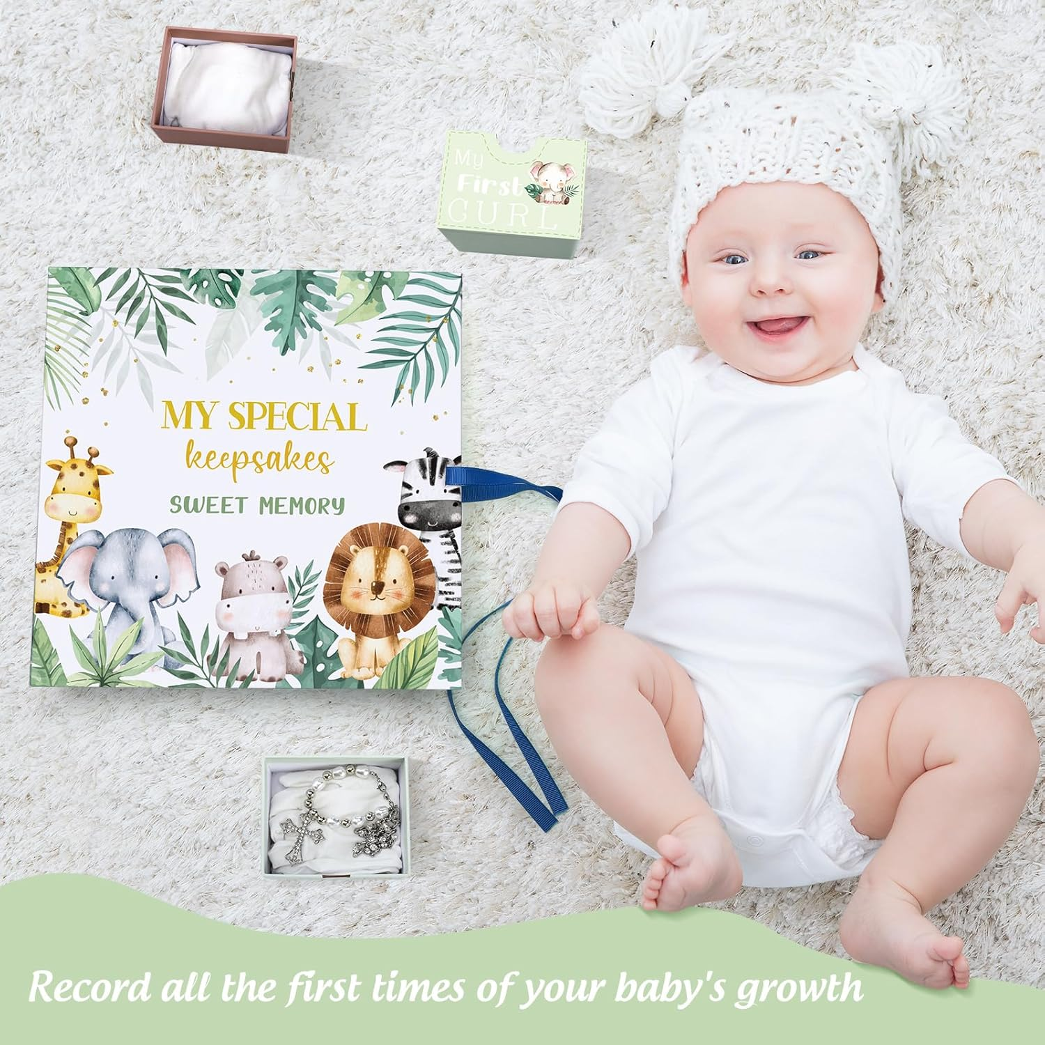 Baby Keepsake Box Newborn Memory Organizer with 9 Labeled Compartments Newborn First Keepsake Book Gift Box for Pregnancy Gender Neutral Baby Shower Maternity image number 4